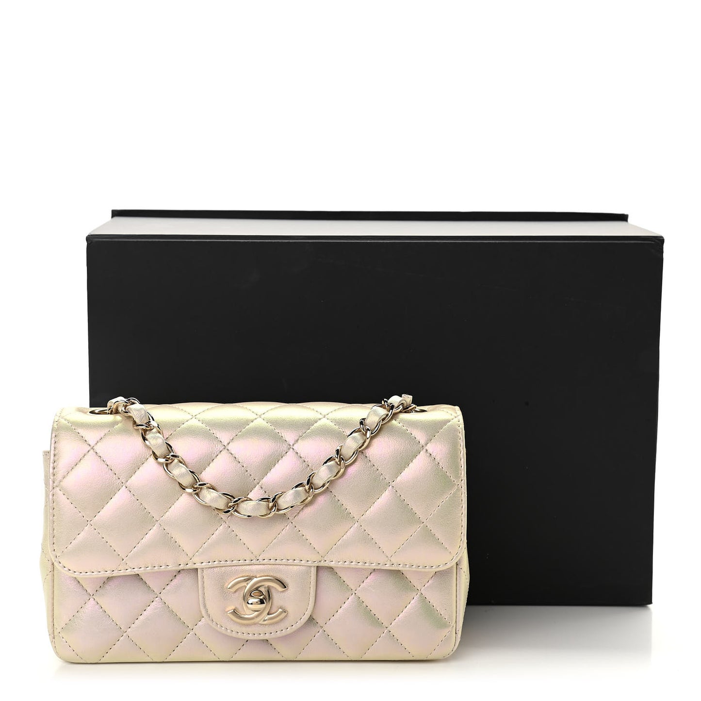 Iridescent Lambskin Quilted Mini Rectangular Flap Ivory