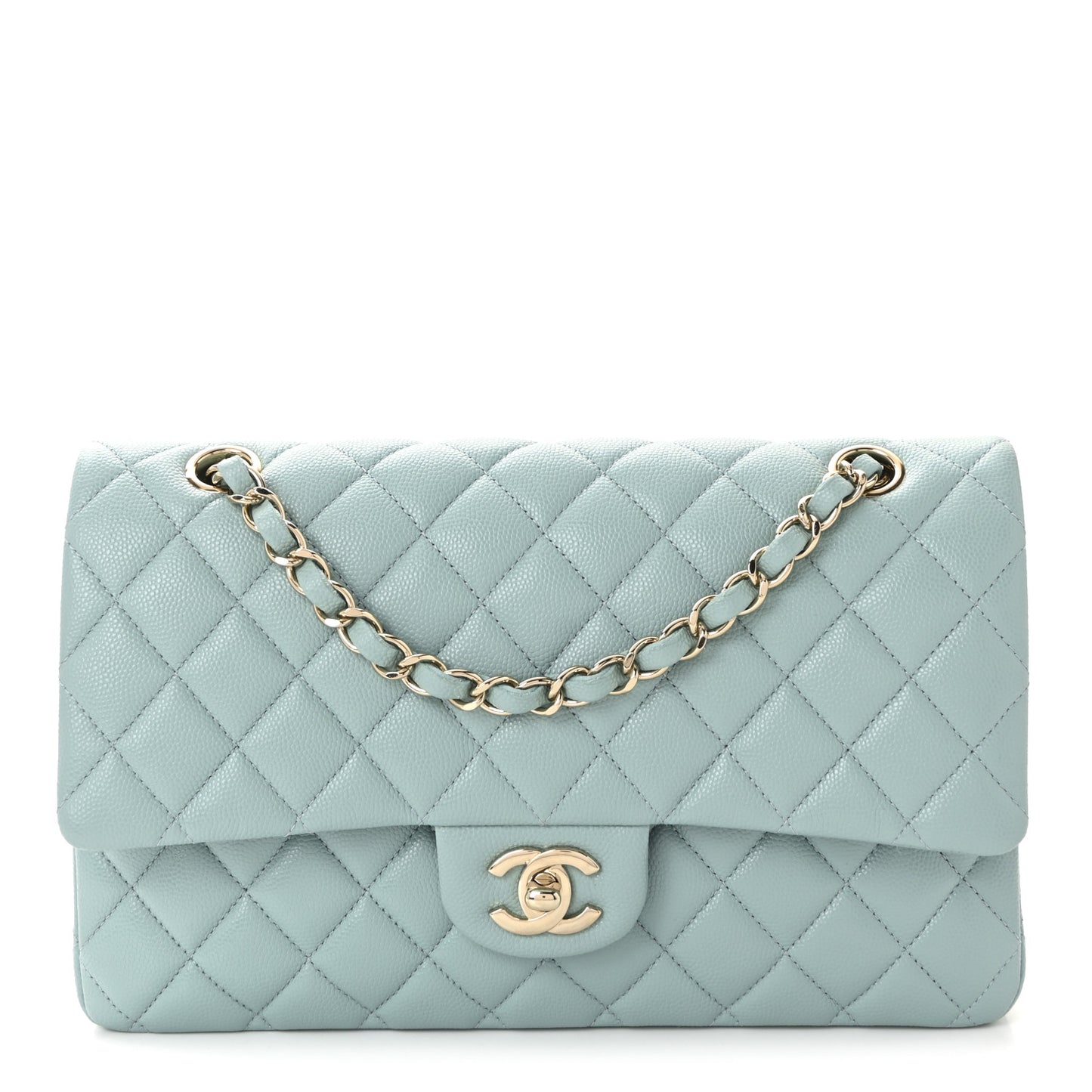 Caviar Quilted Medium Double Flap Light Blue
