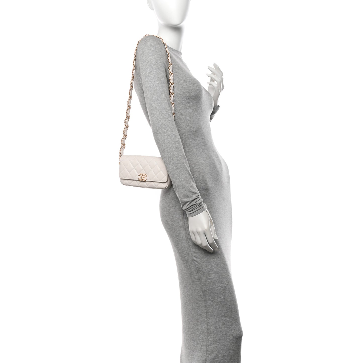 Lambskin Quilted Chanel 19 Flap Phone Holder With Chain White