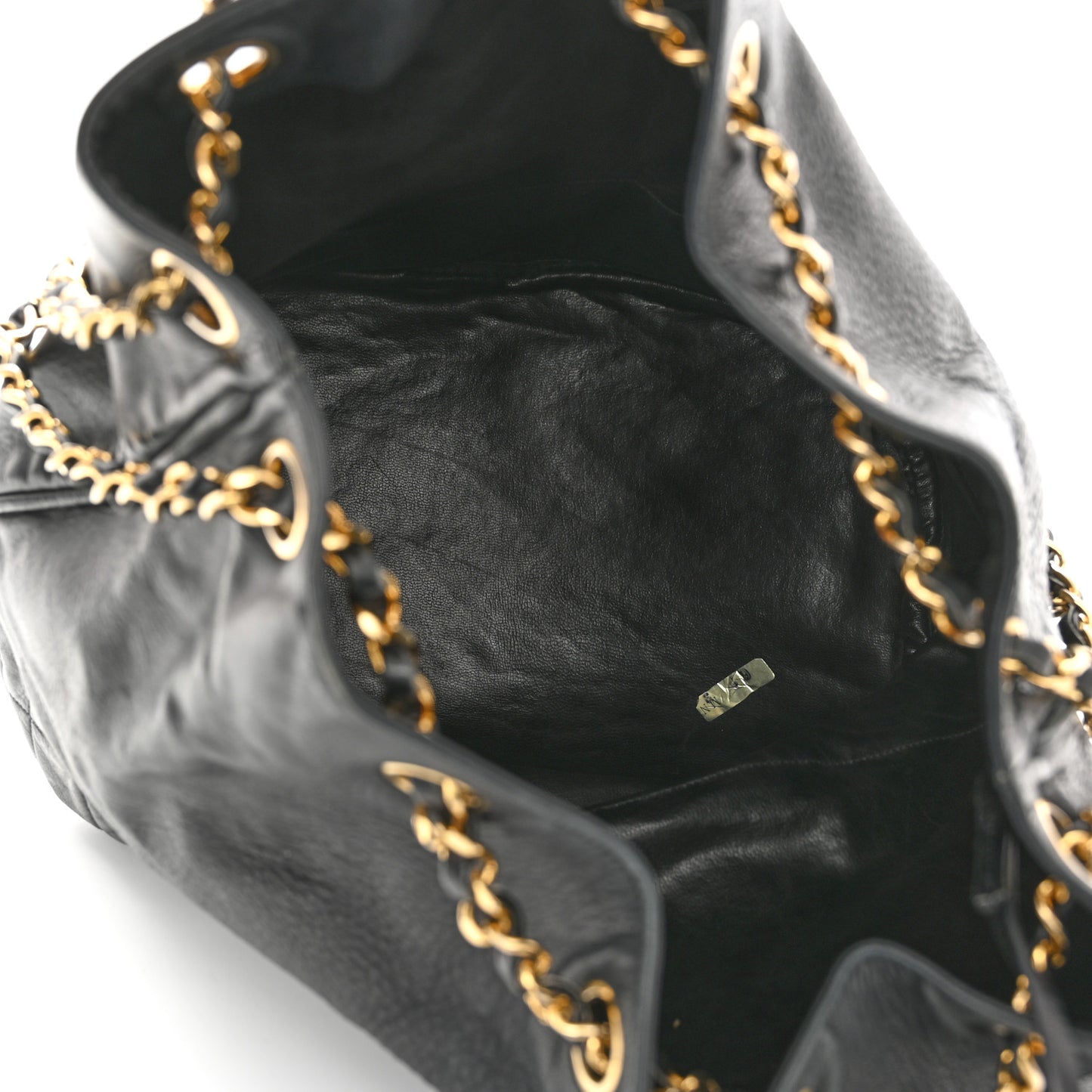 Grained Calfskin Lambskin Quilted Drawstring Bucket Bag Black