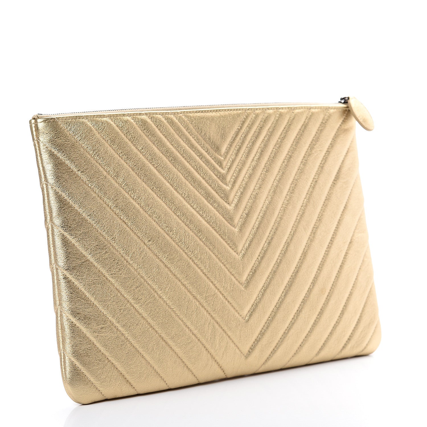 Chanel Metallic Calfskin Chevron Quilted Large Cosmetic Case Light Gold 2 of 9