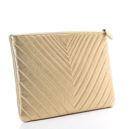Chanel Metallic Calfskin Chevron Quilted Large Cosmetic Case Light Gold 2 of 9