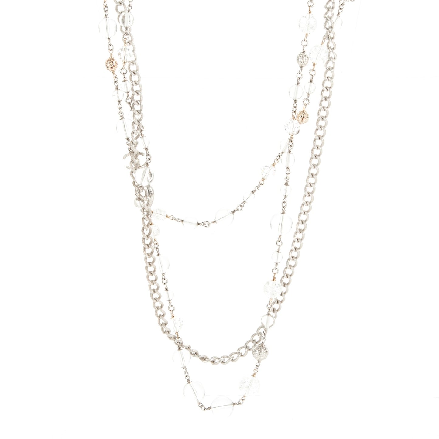 Crystal Bead CC Long Necklace Silver