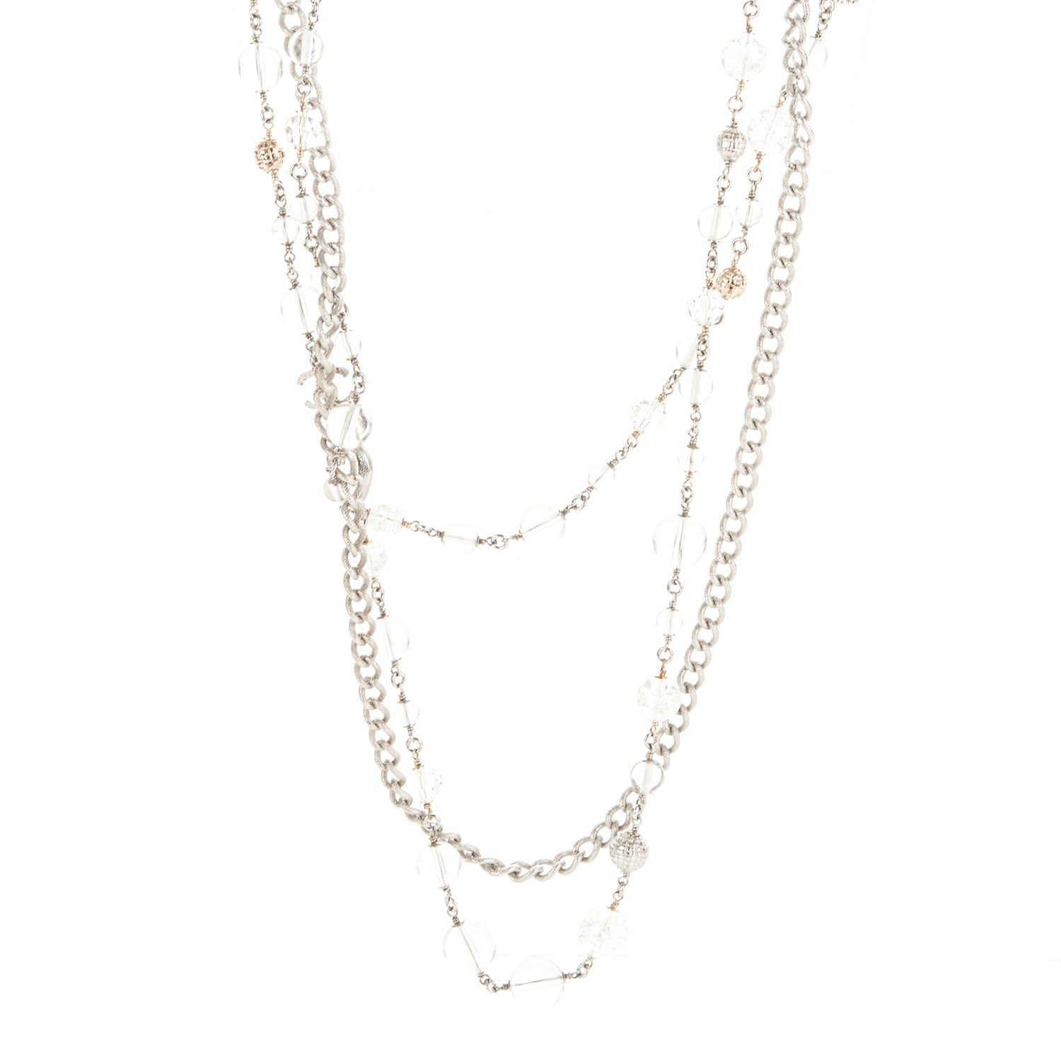 Chanel Crystal Bead CC Long Necklace Silver 1 of 6