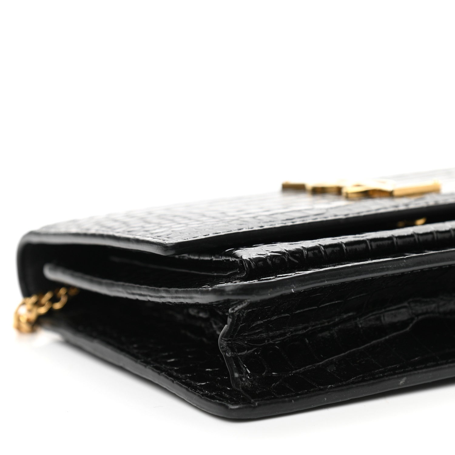 Saint Laurent Calfskin Crocodile Embossed Monogram Sunset Top Handle Chain Wallet Black 8 of 9