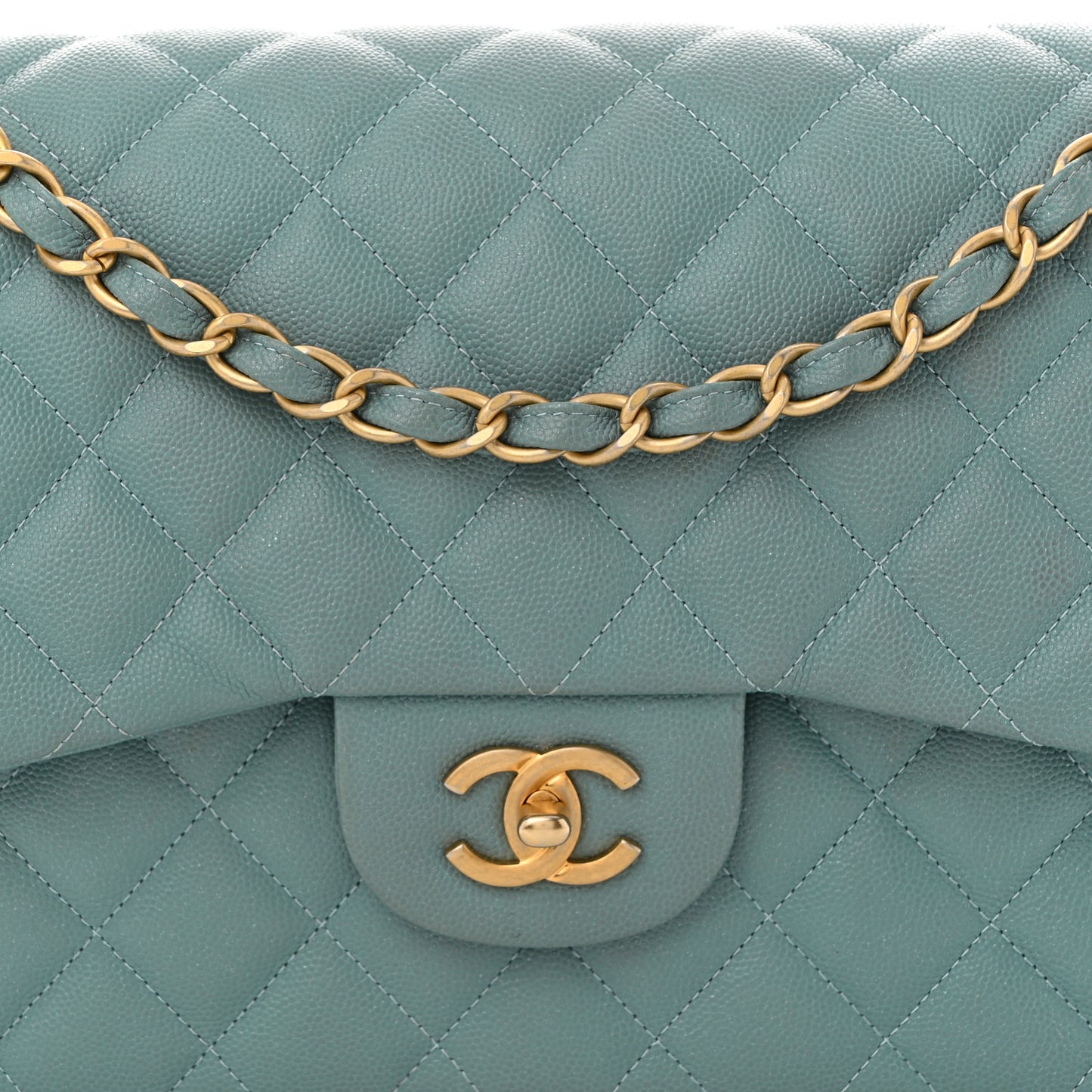 Iridescent Caviar Quilted Jumbo Double Flap Light Blue