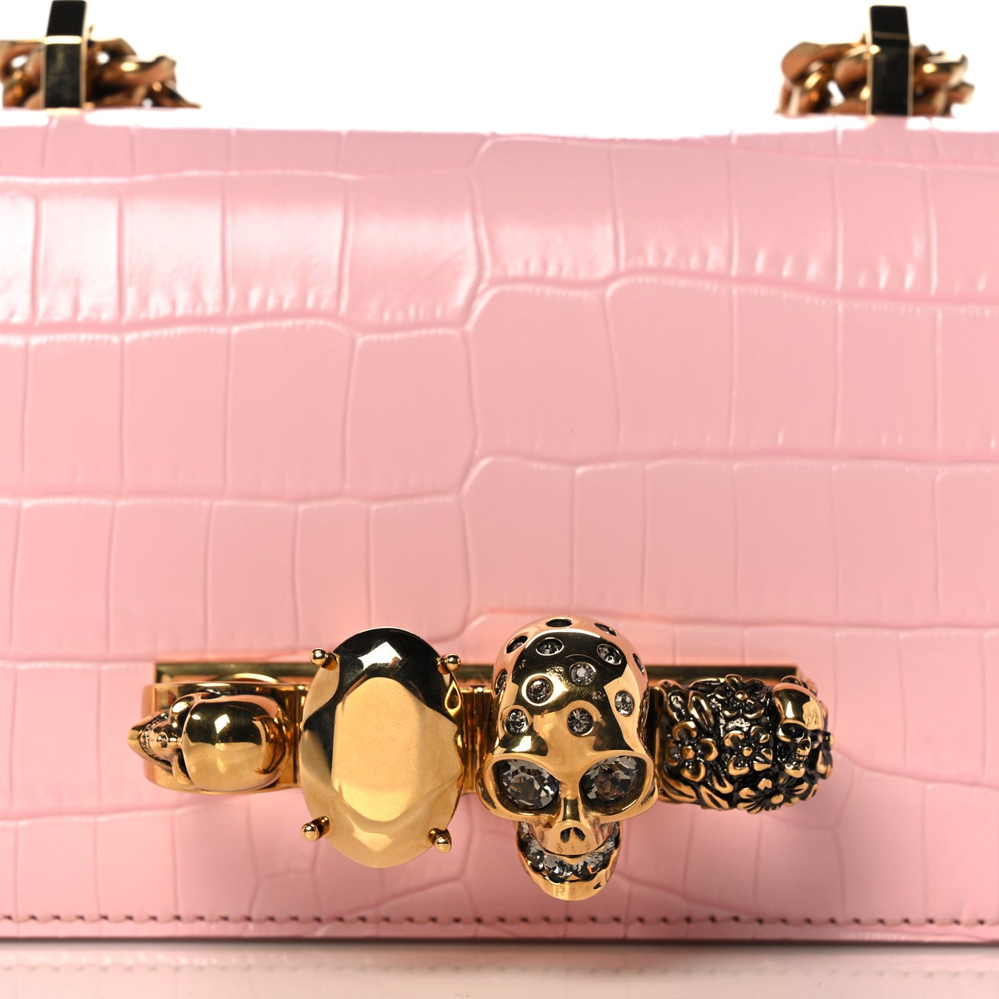 Calfskin Crocodile Embossed Knuckle Shoulder Bag Light Pink