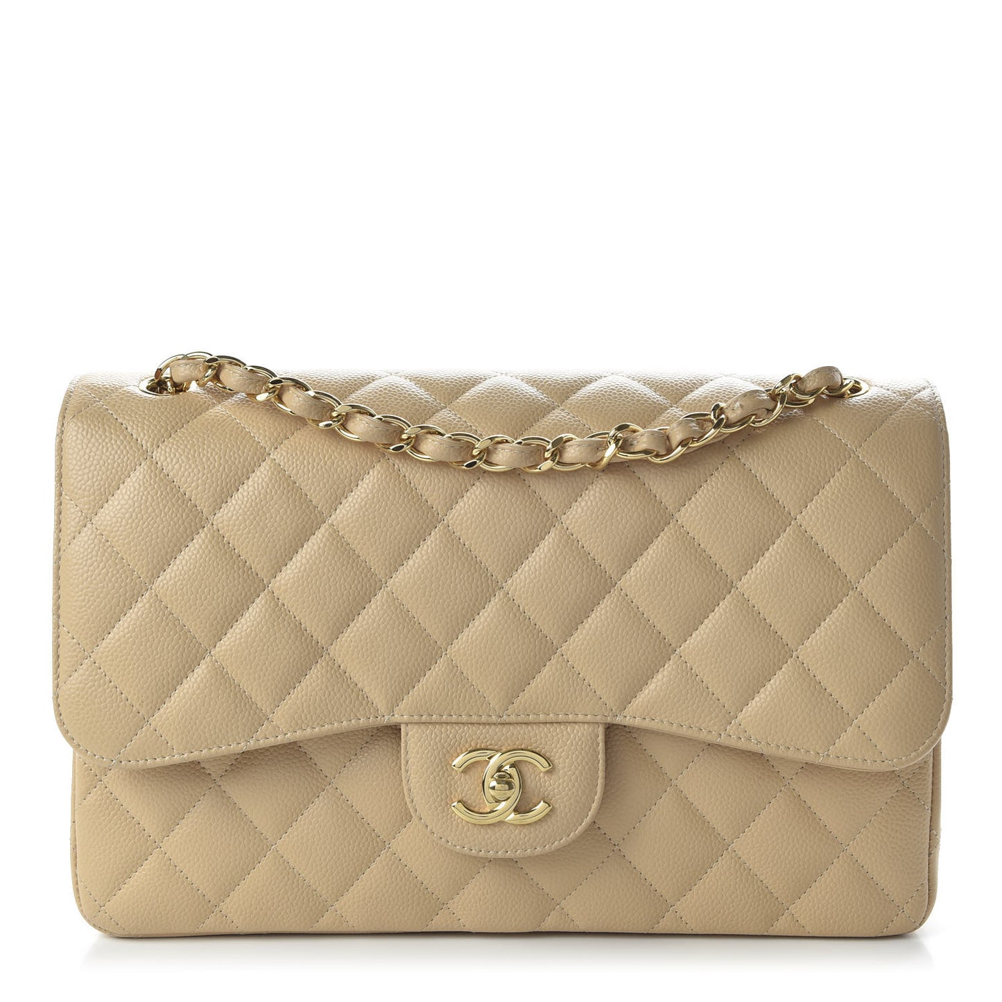 Caviar Quilted Jumbo Double Flap Beige Clair
