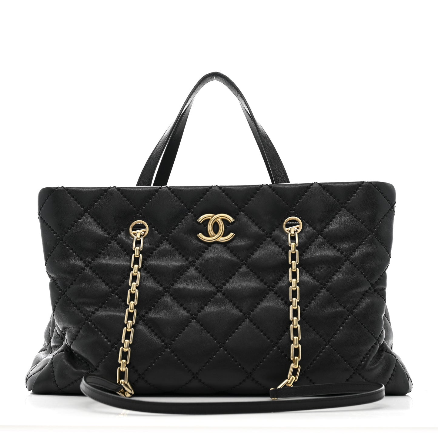 Calfskin Quilted Large Retro Chain Shopping Tote  Black