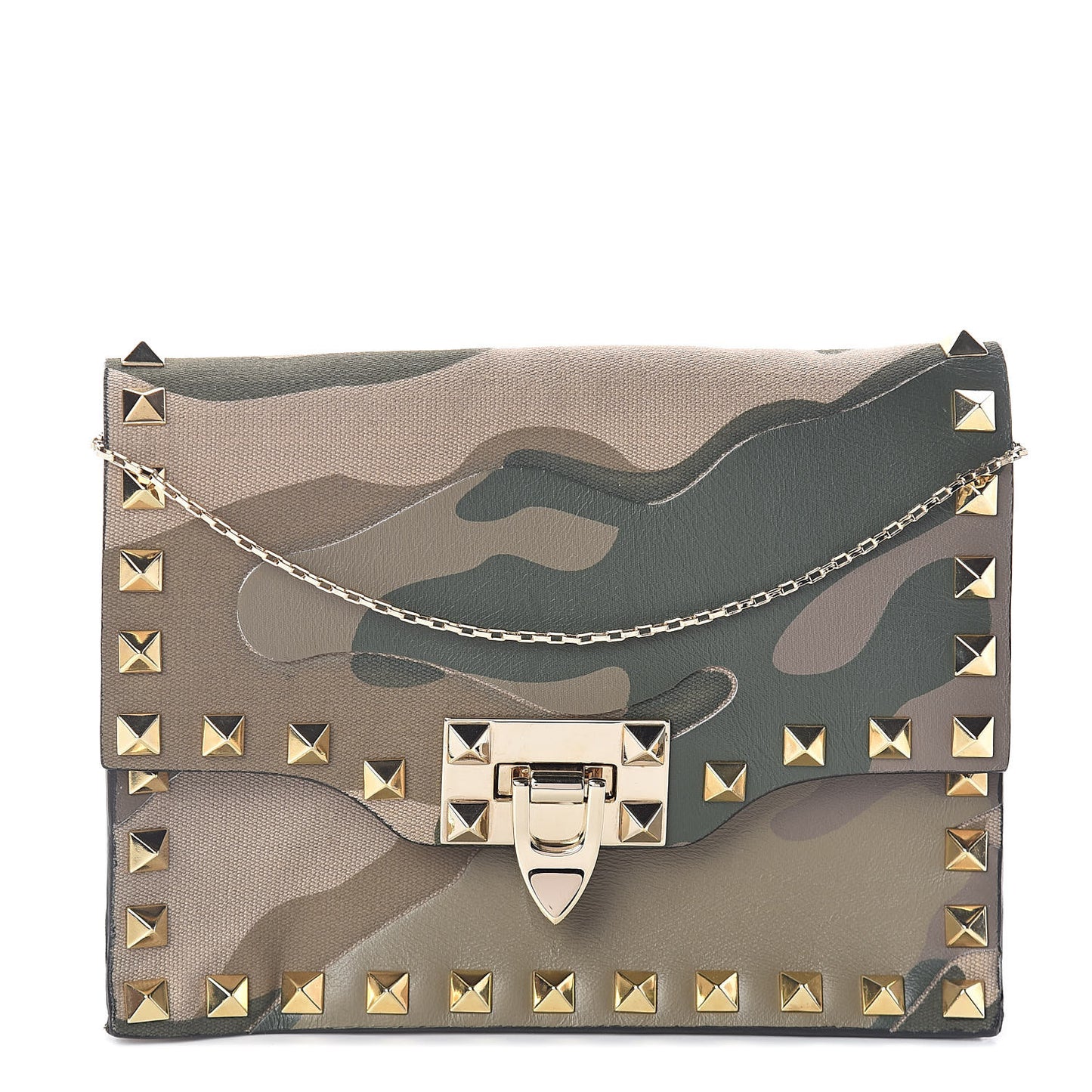 Nappa Canvas Camouflage Mini Rockstud Flip Lock Chain Crossbody Bag Safari