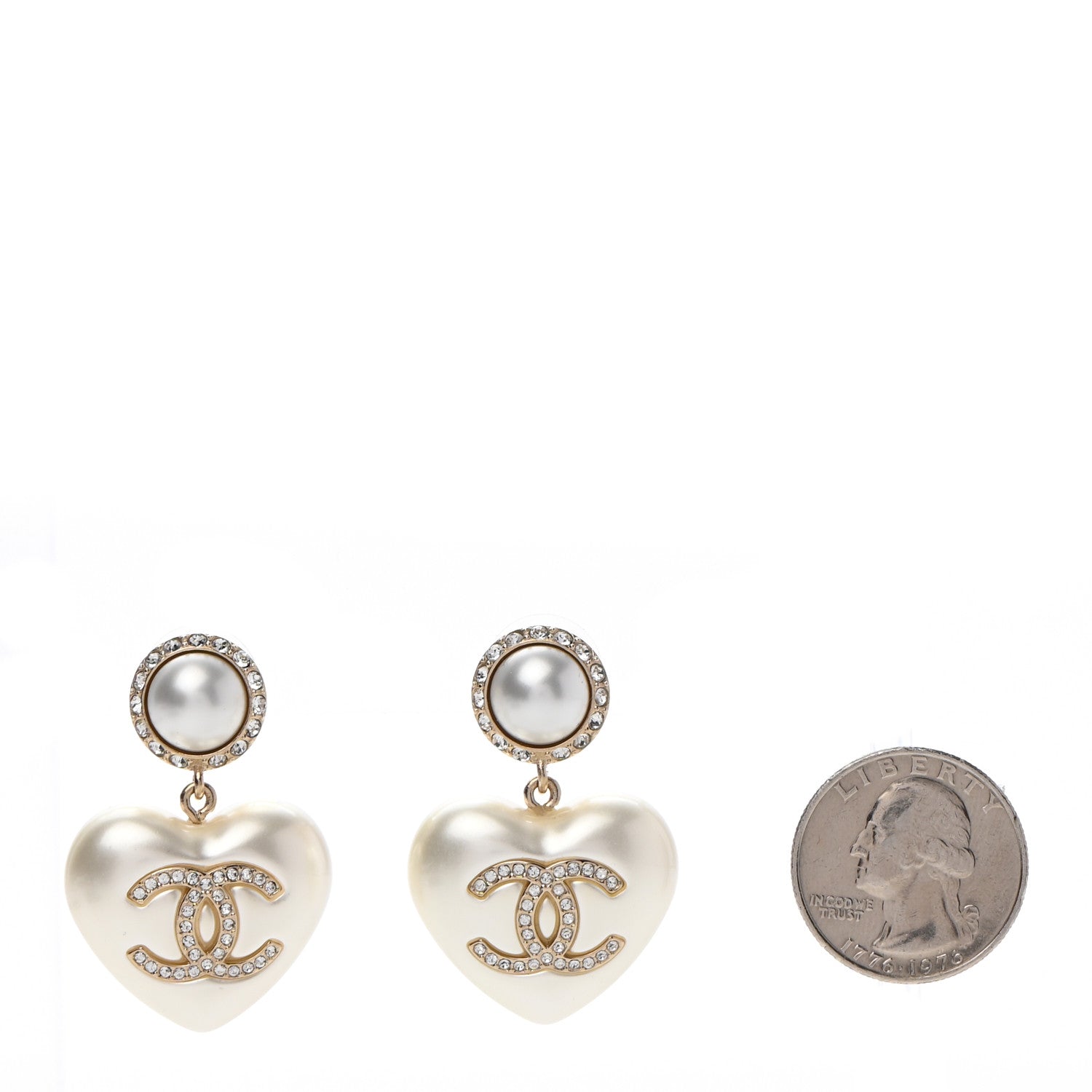 Chanel Pearl Crystal CC Heart Drop Earrings Gold 2 of 5