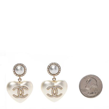 Chanel Pearl Crystal CC Heart Drop Earrings Gold 2 of 5