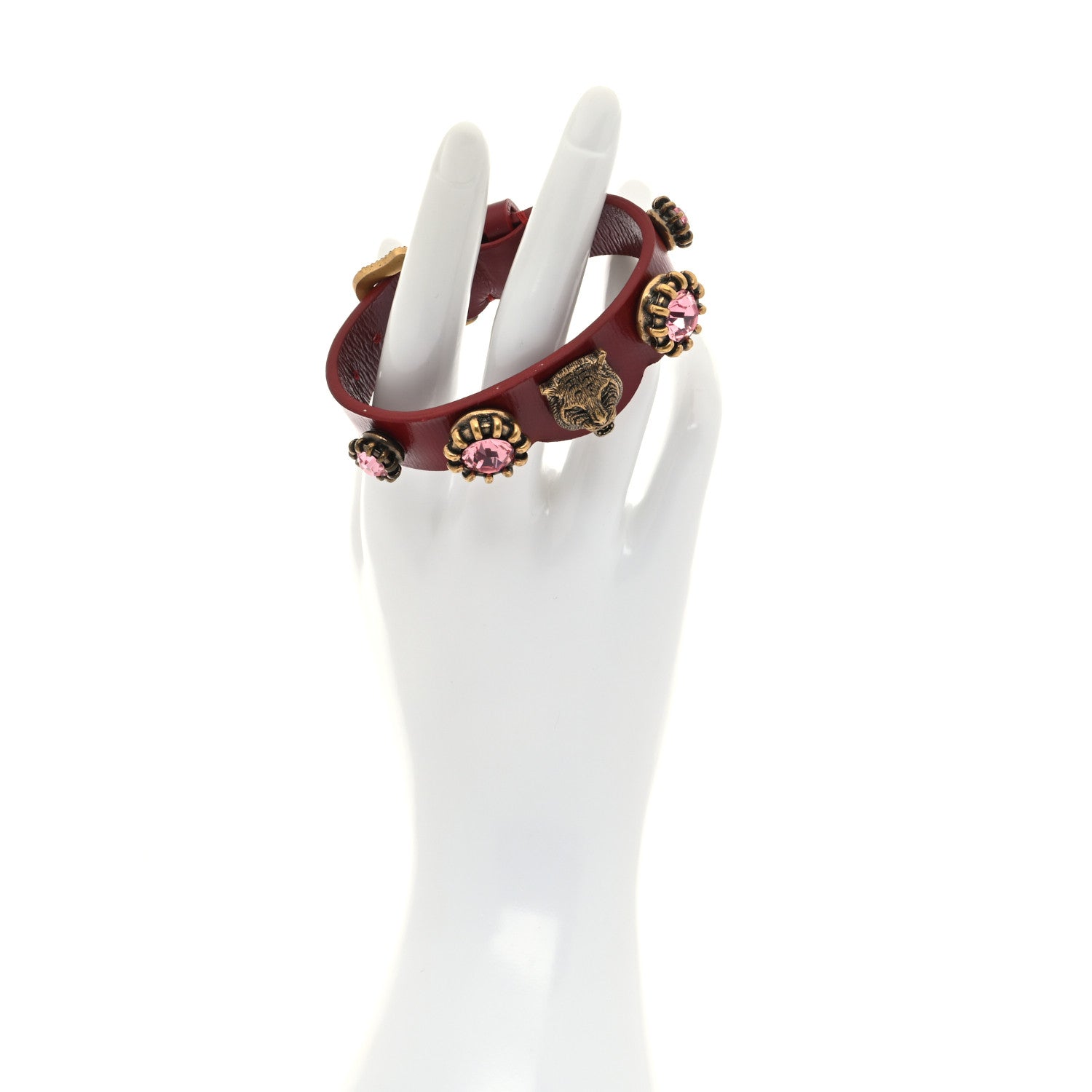 Gucci Calfskin Crystal Feline Heads Bracelet Red 2 of 6