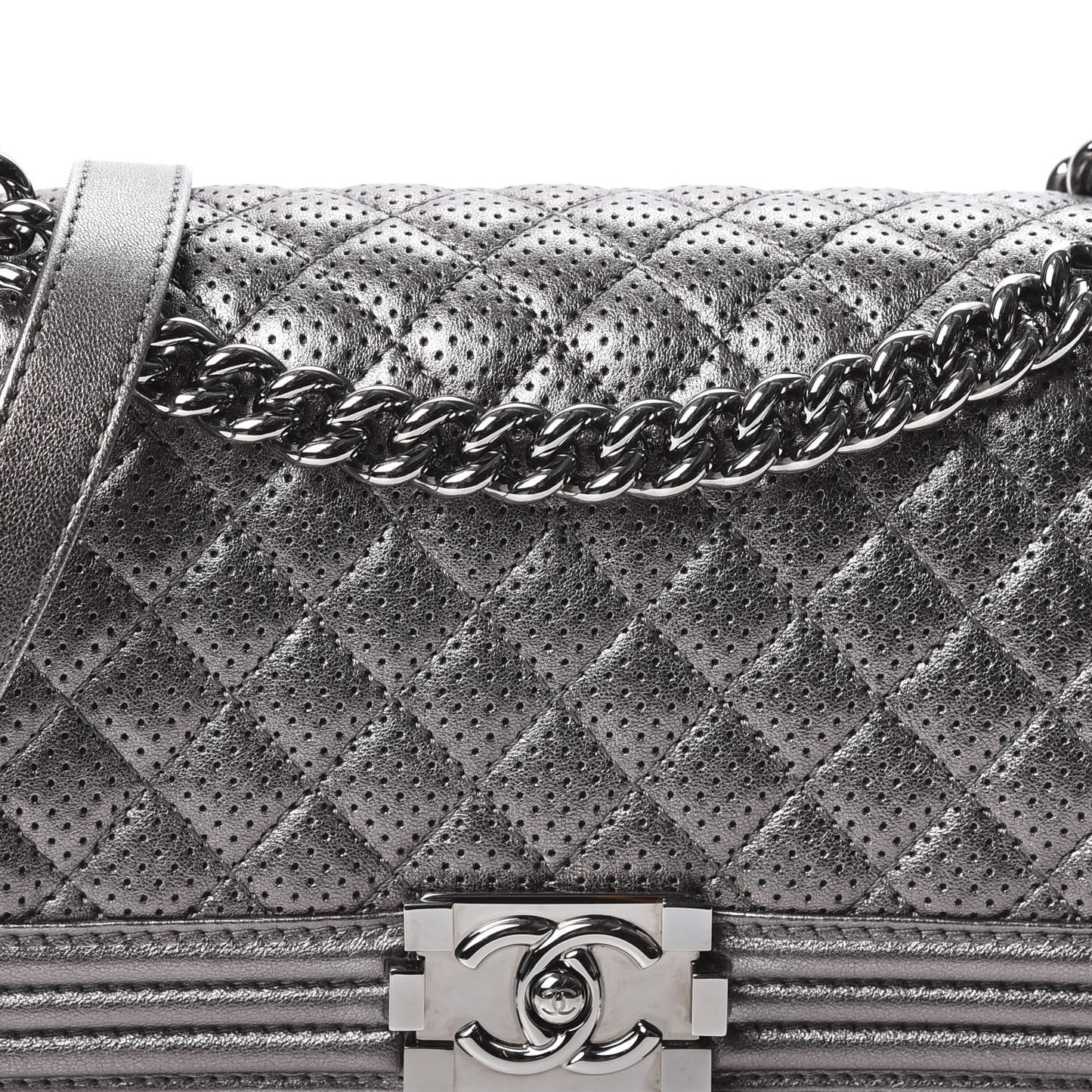 Metallic Lambskin Perforated Medium Boy Flap Dark Silver