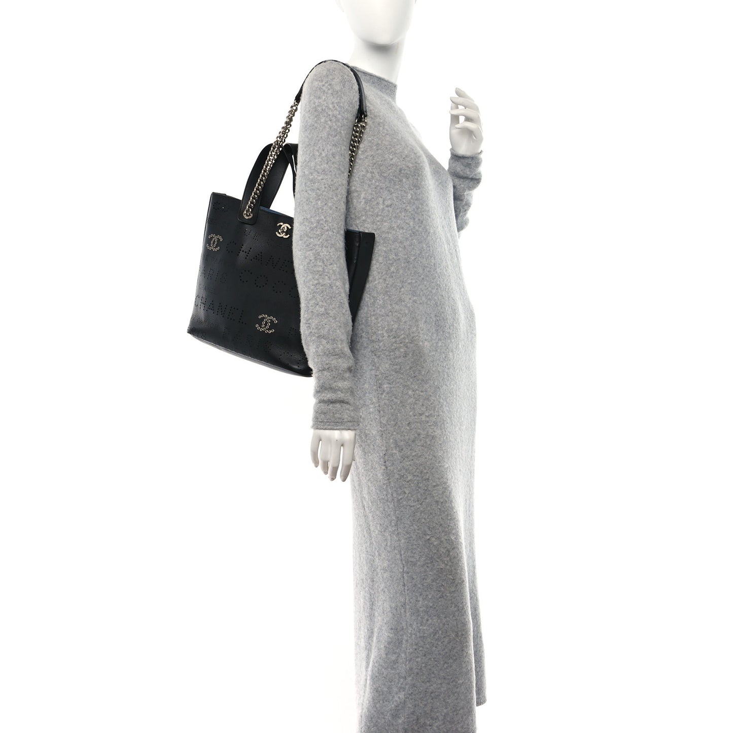 Calfskin Tweed Small Logo Eyelets Shopping Tote Black