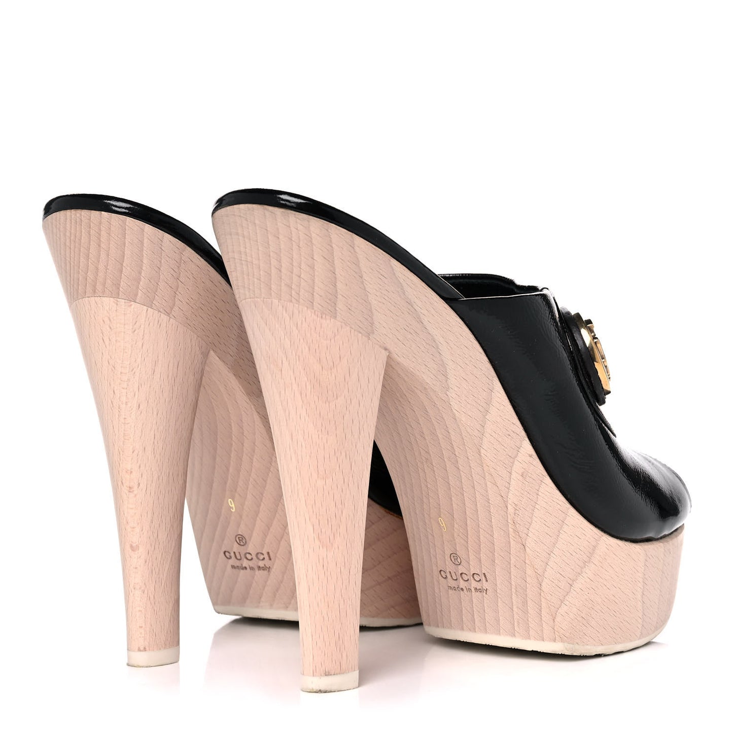 Patent Wood Platform High Heel Slides 9 Black