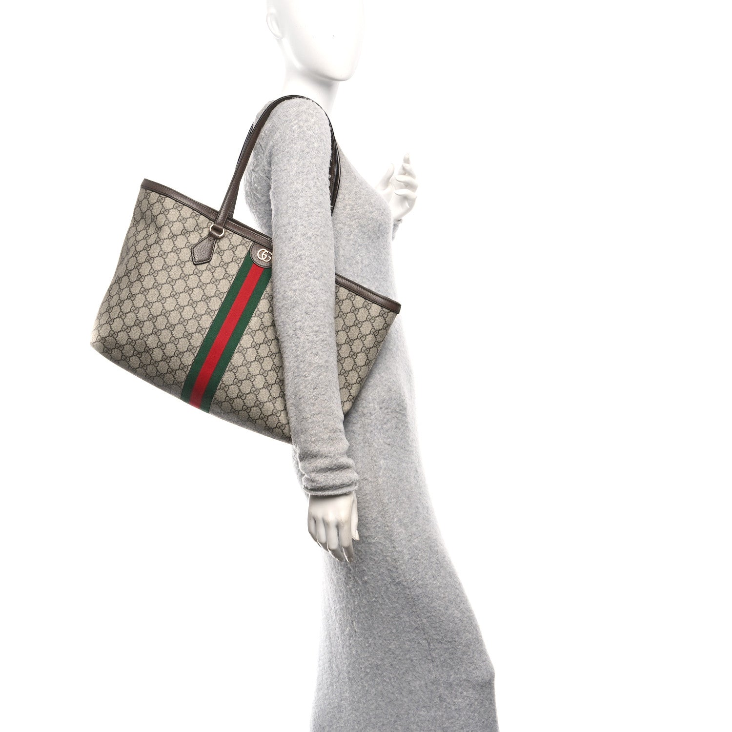 Gucci GG Supreme Monogram Textured Calfskin Web Medium Ophidia Shopping Tote Beige Ebony New Acero 2 of 11