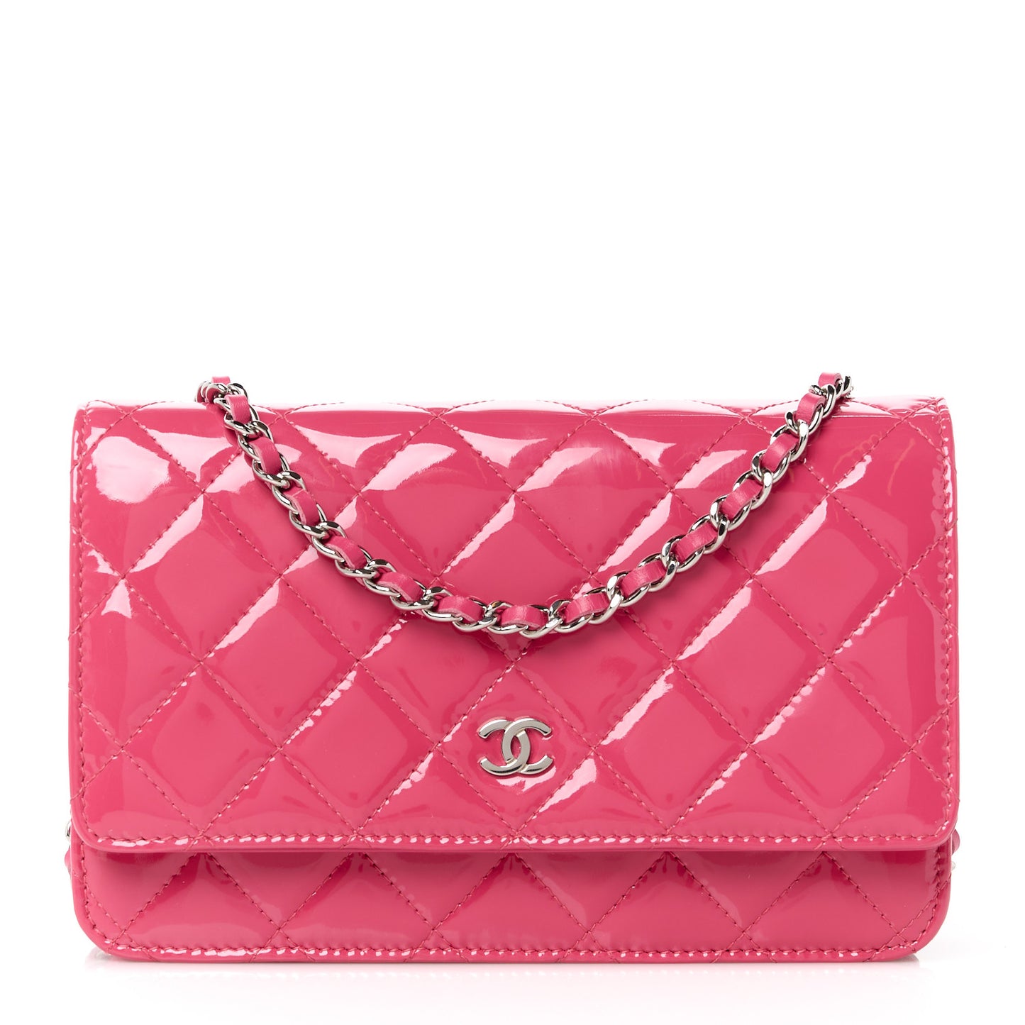 Patent Calfskin Quilted Wallet On Chain WOC Pink
