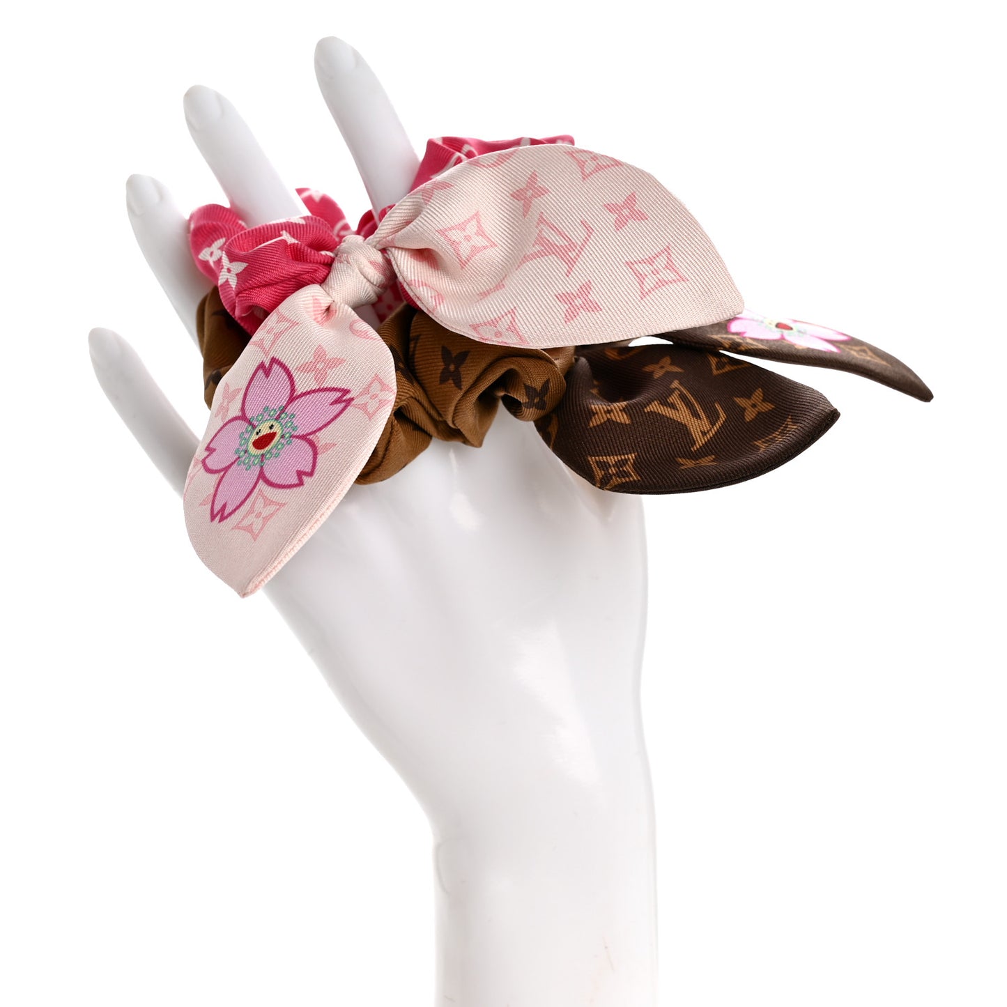 LV X TM Monogram Cerises Silk Scrunchies Set White Brown Red Pink