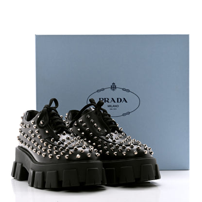 Prada Spazzolato Rois Studded Lace Up Monolith 55mm Derby Loafers 39 Black 8 of 8