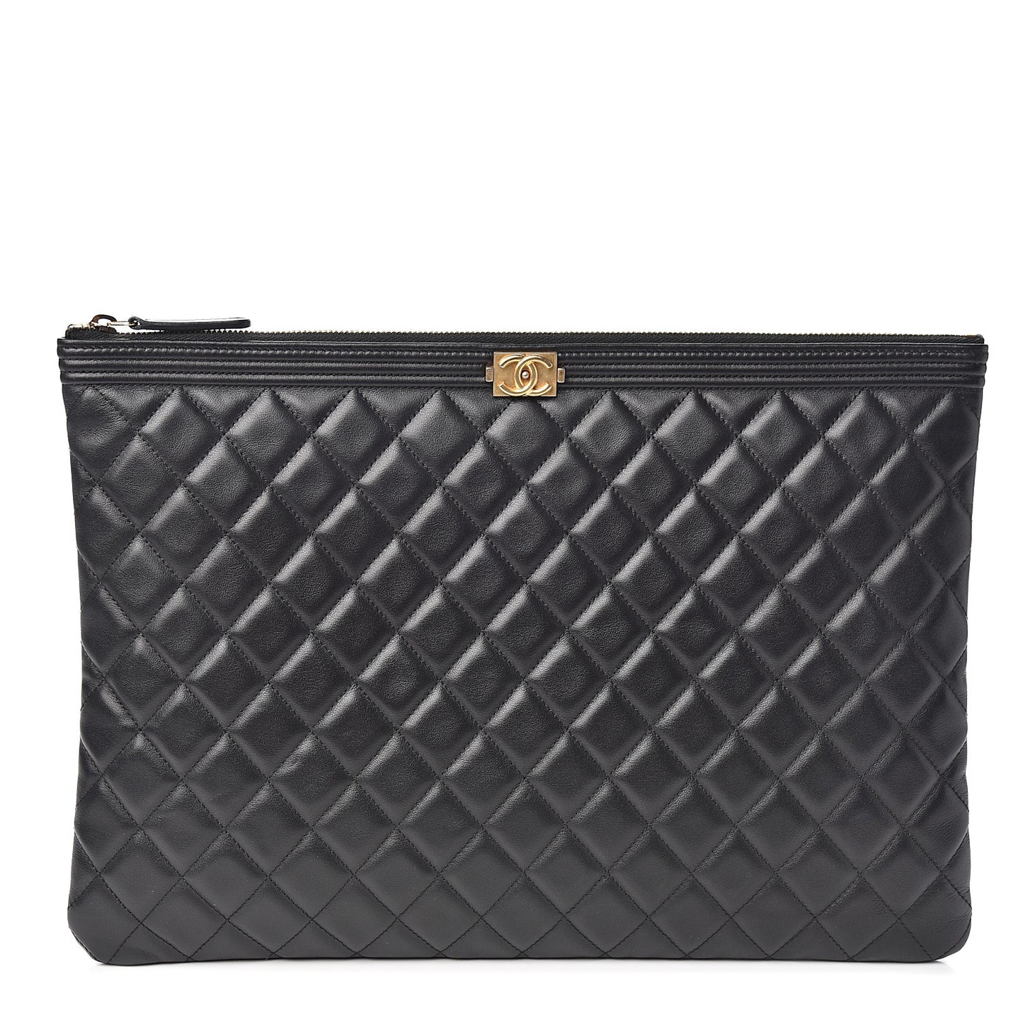 Lambskin Quilted Large Boy Zip Pouch Black