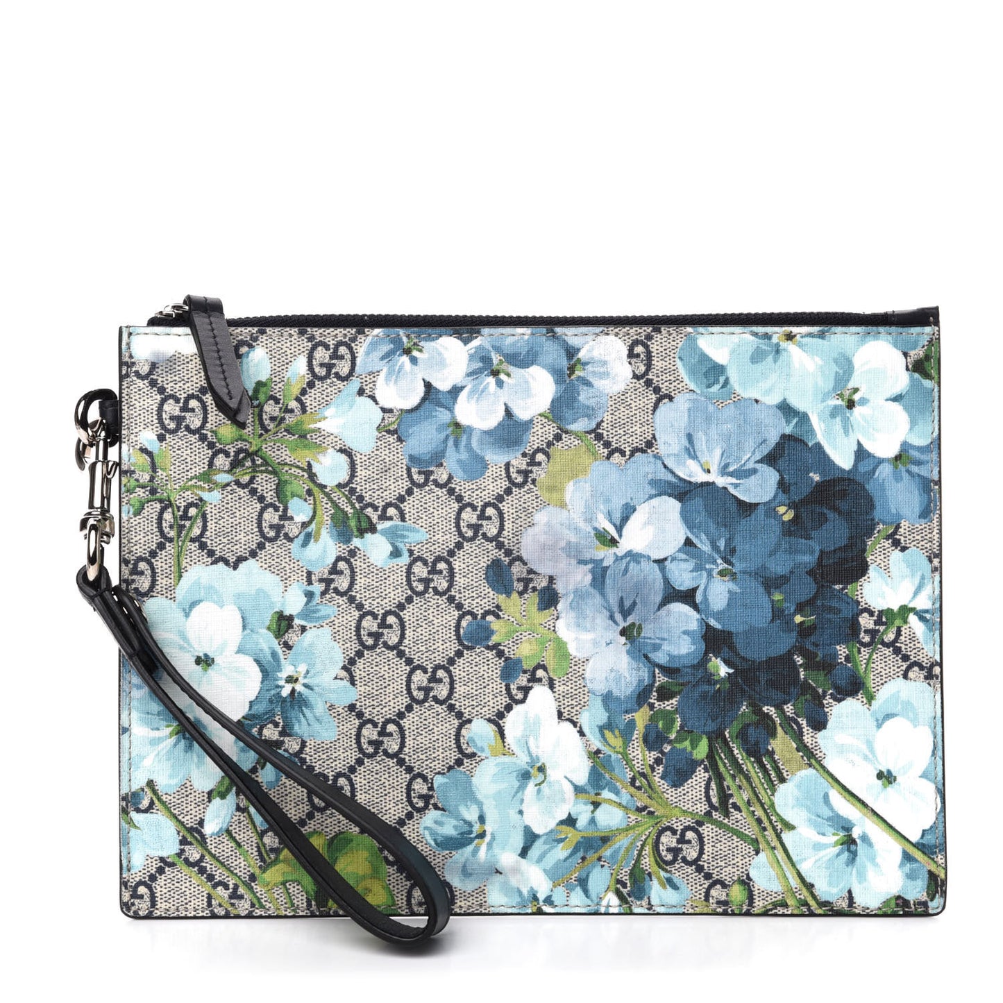 GG Supreme Monogram Blooms Small Zip Wristlet Pouch Beige Blue Black