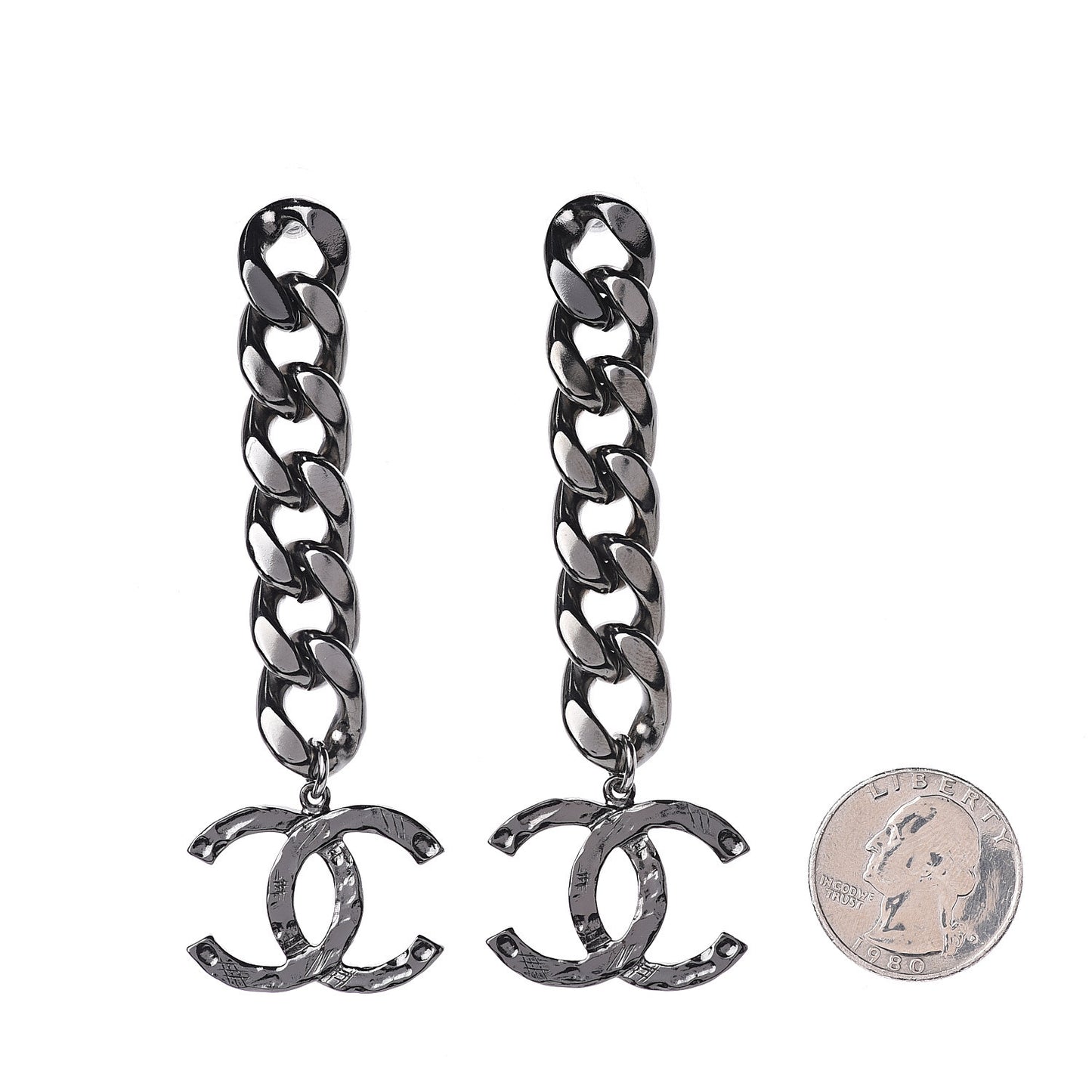 Metal CC Pick Drop Earrings Ruthenium