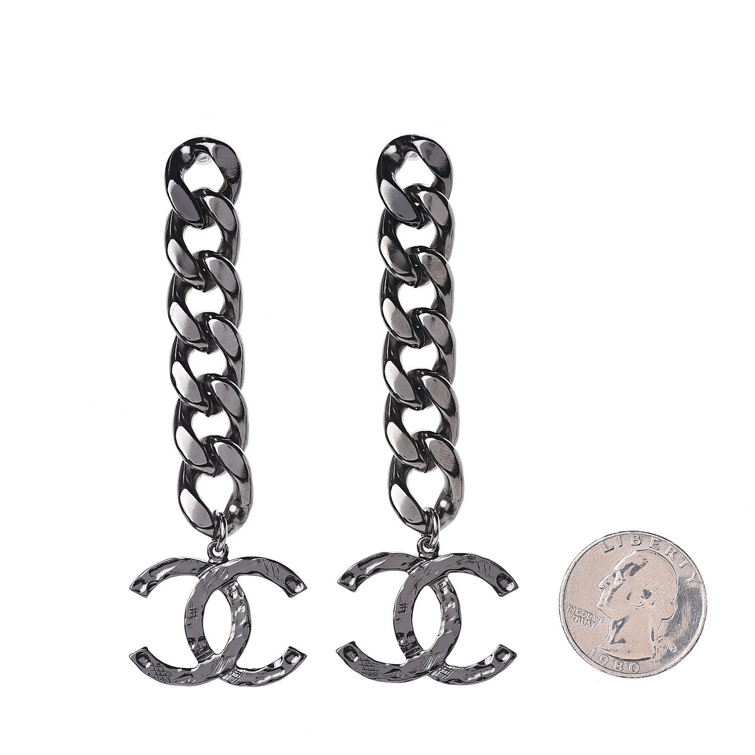 Chanel Metal CC Pick Drop Earrings Ruthenium 2 of 4