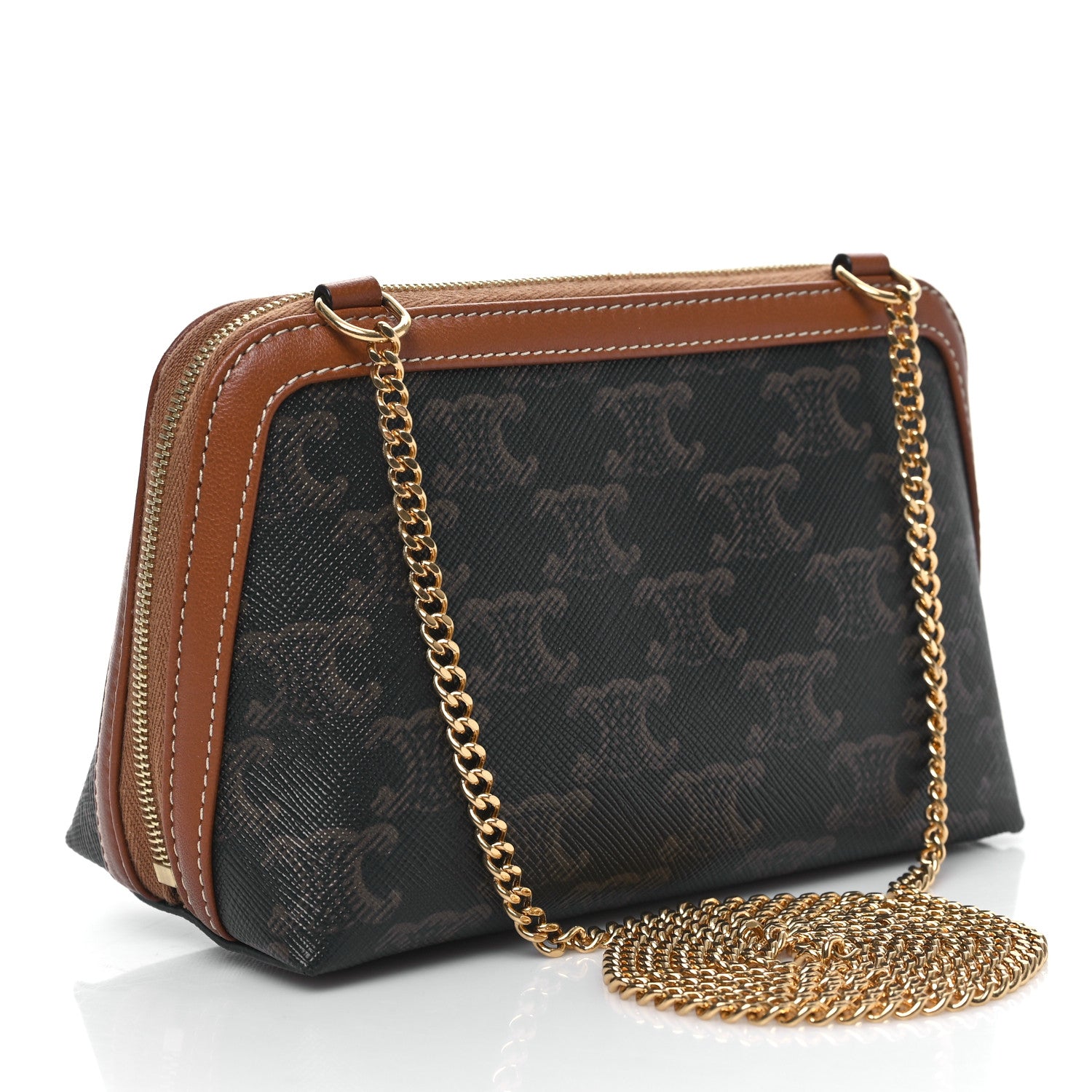 Celine Triomphe Canvas Lambskin Clutch On Chain Tan 3 of 10