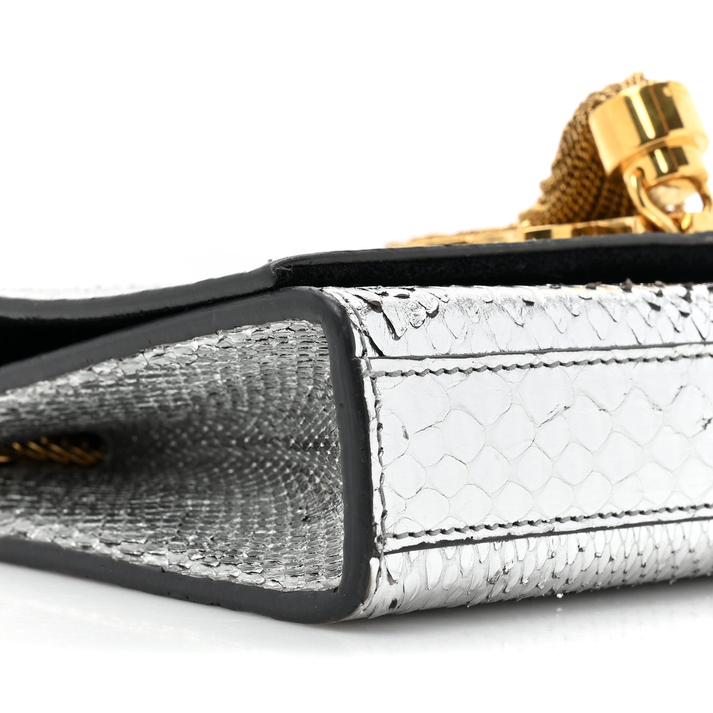 Metallic Snakeskin Small Classic Monogram Kate Tassel Satchel Silver