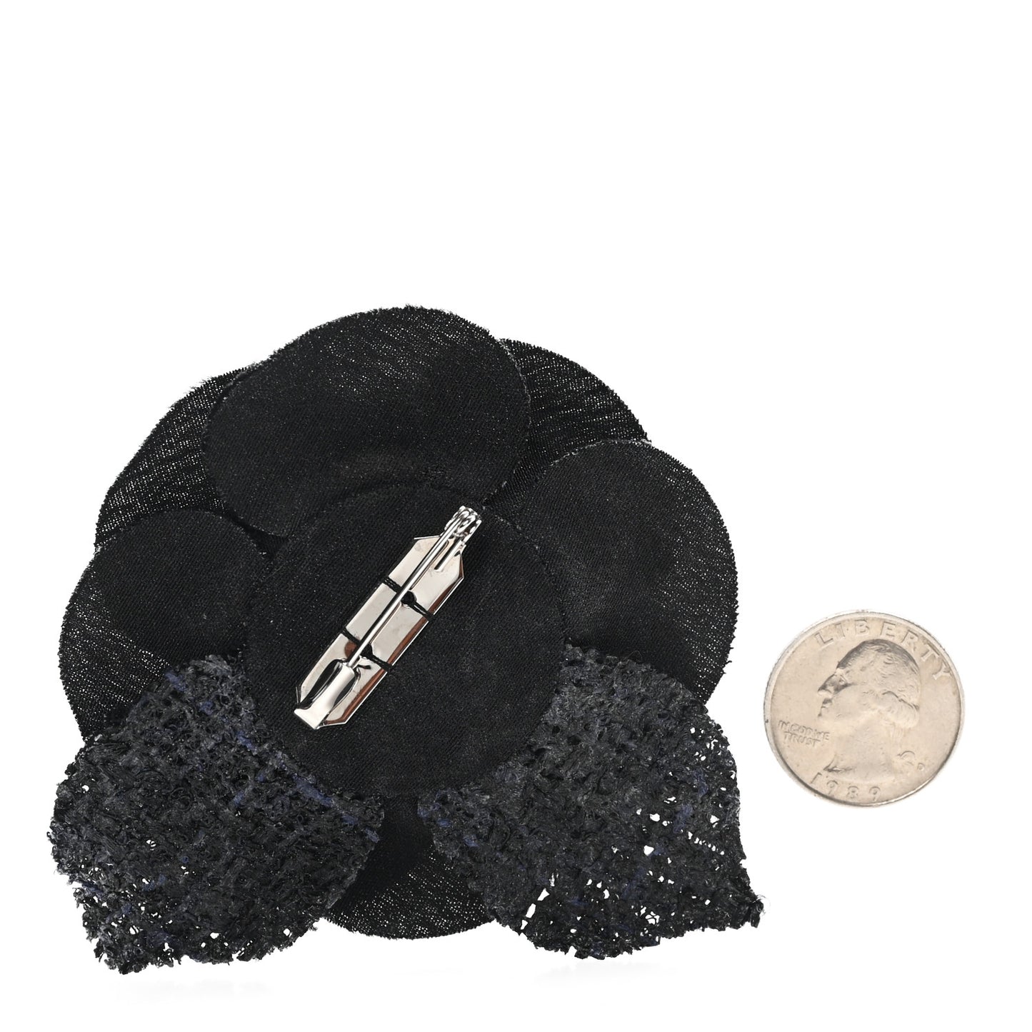 Tweed Fabric Camellia Pin Brooch Navy Blue Black