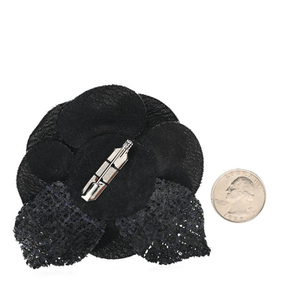 Chanel Tweed Fabric Camellia Pin Brooch Navy Blue Black 2 of 4