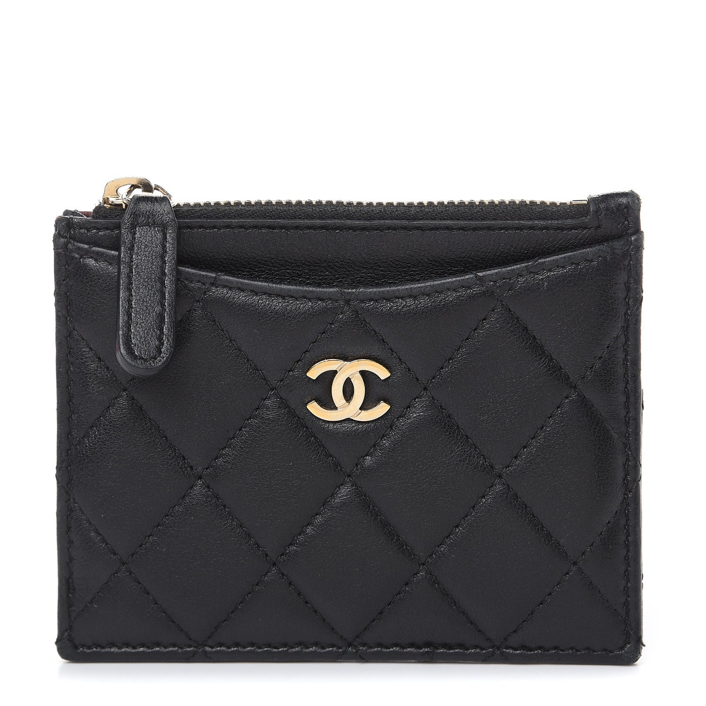 Lambskin Quilted Zip Card Holder Black