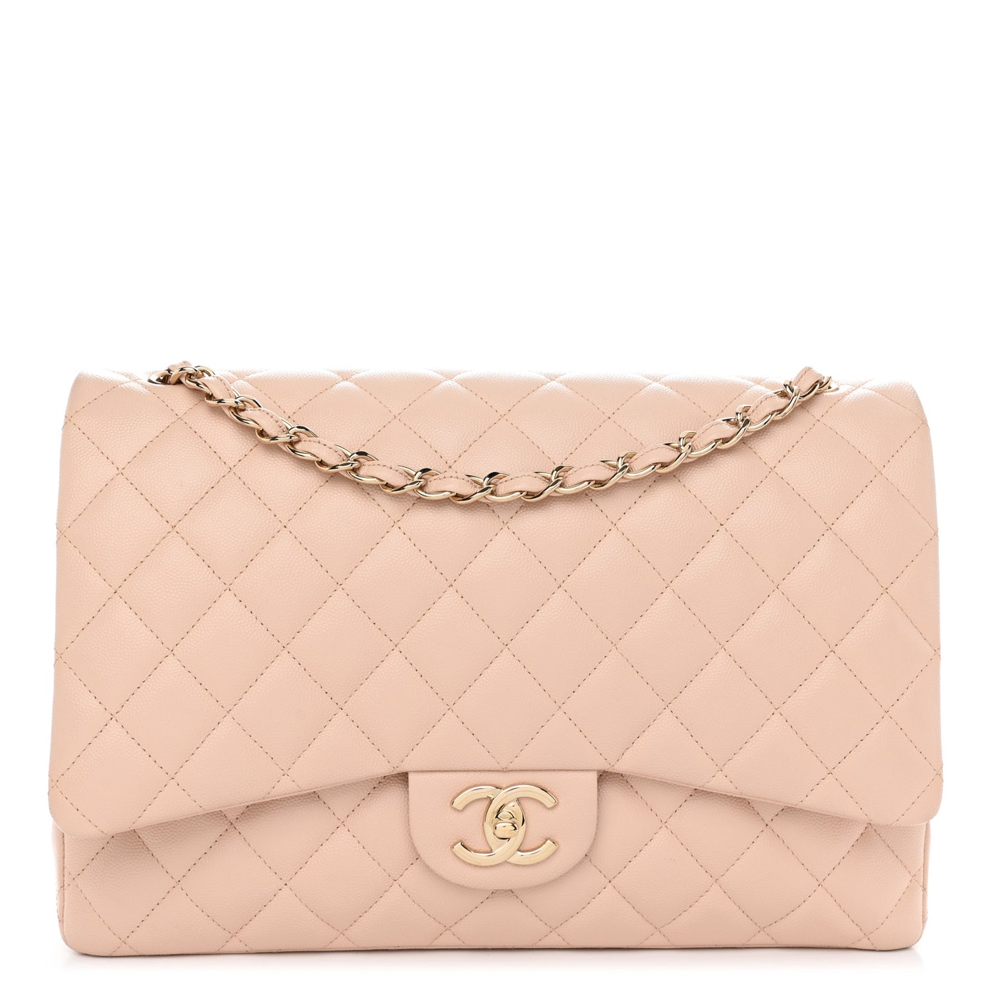 Caviar Quilted Maxi Double Flap Light Beige