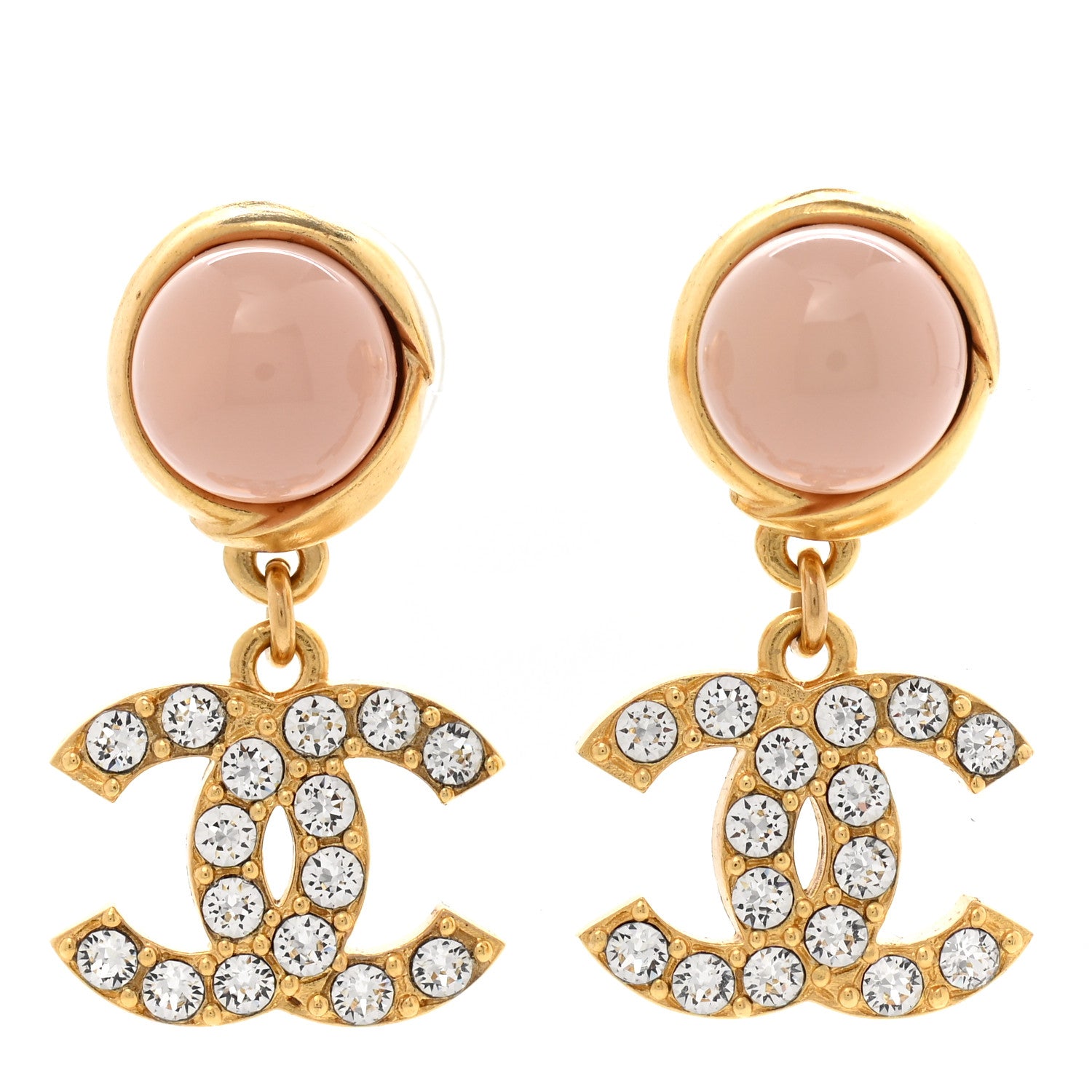 Chanel Crystal Pearl CC Drop Earrings Pink Gold 1 of 5