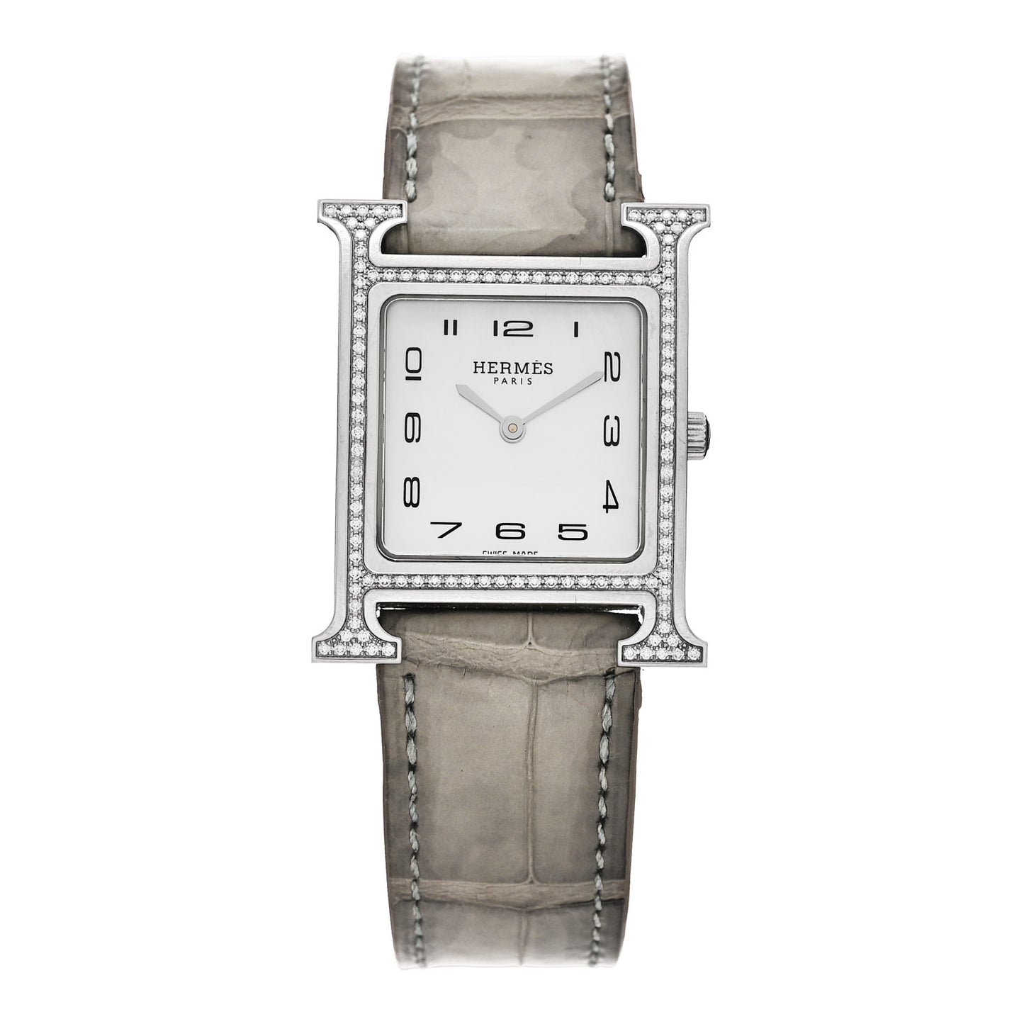 Stainless Steel Alligator Diamond Bezel Mother of Pearl 26mm Heure H Hour Quartz Watch Gris Perle