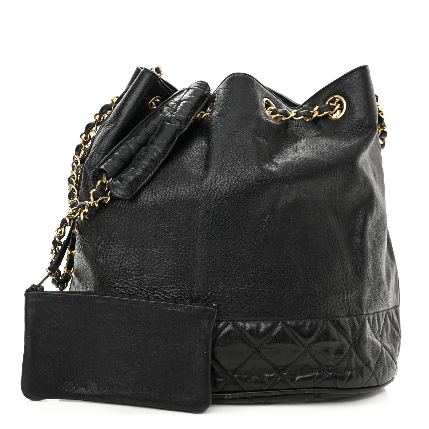 Chanel Grained Calfskin Lambskin Quilted Drawstring Bucket Bag Black 1 of 11