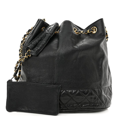 Chanel Grained Calfskin Lambskin Quilted Drawstring Bucket Bag Black 1 of 11