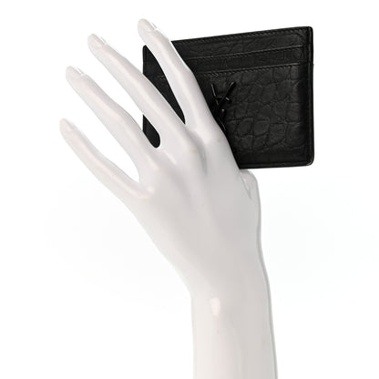 Saint Laurent Calfskin Crocodile Embossed Monogram Credit Card Case Black 2 of 10