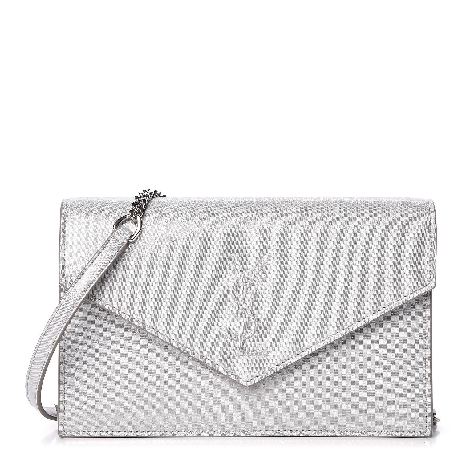 Saint Laurent Metallic Fabric Monogram Envelope Chain Wallet Silver 1 of 11