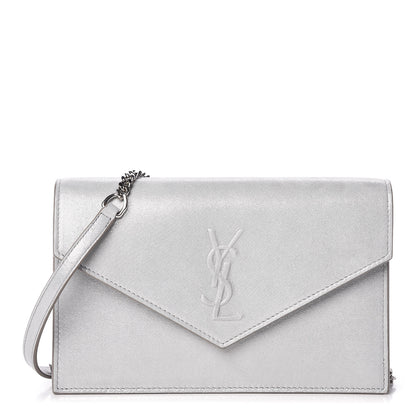 Saint Laurent Metallic Fabric Monogram Envelope Chain Wallet Silver 1 of 11