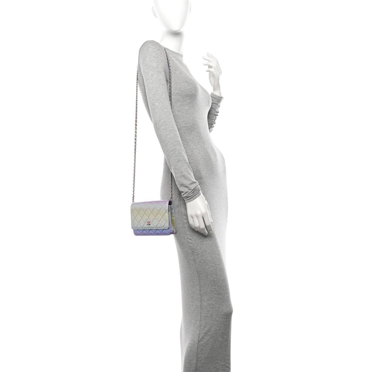 Gradient Metallic Calfskin Quilted Wallet On Chain WOC Silver Blue Yellow Purple