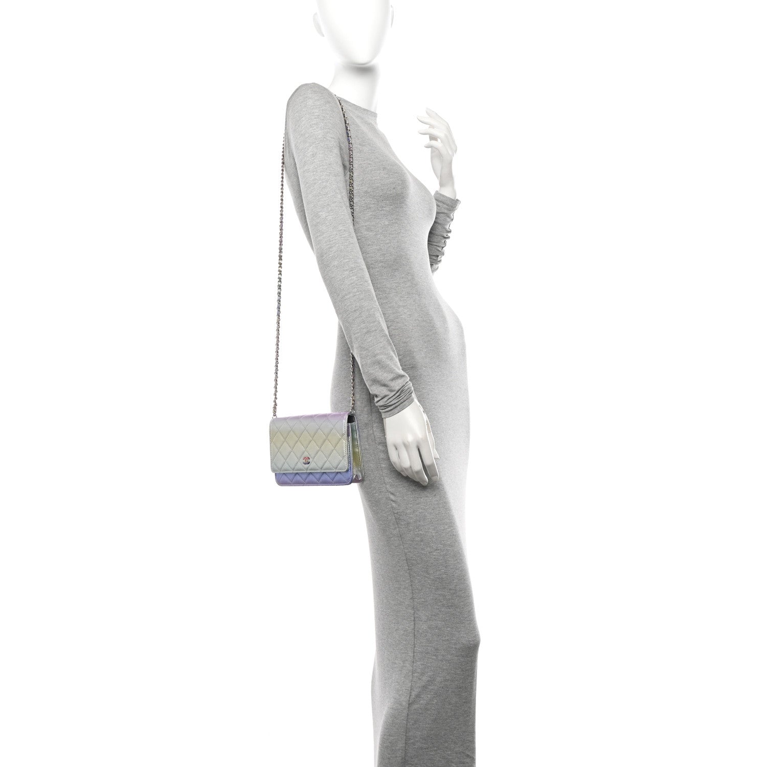 Chanel Gradient Metallic Calfskin Quilted Wallet On Chain WOC Silver Blue Yellow Purple 3 of 11