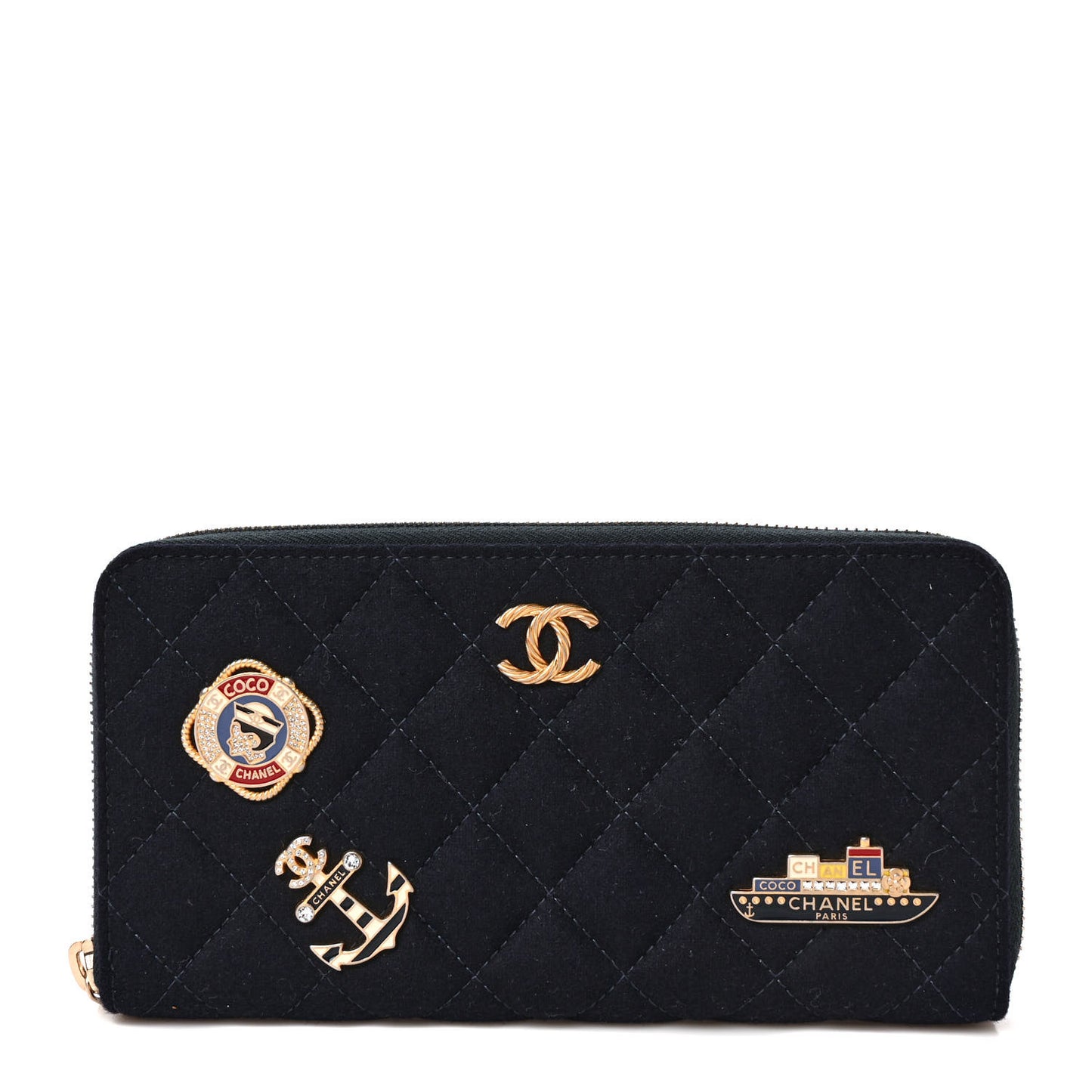 Felt Quilted Paris-Hamburg Charms Zip Around Wallet Dark Navy