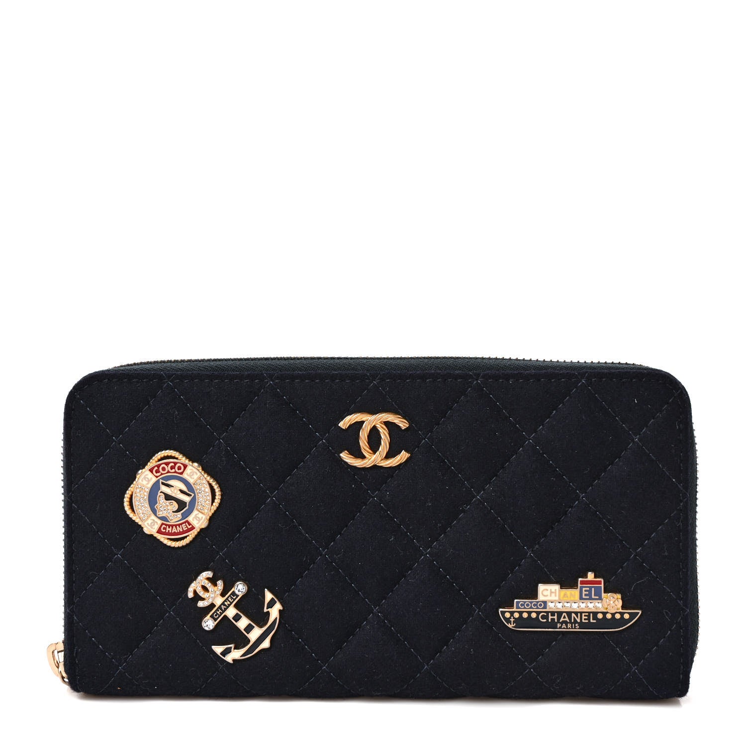 Chanel Felt Quilted Paris-Hamburg Charms Zip Around Wallet Dark Navy 1 of 7
