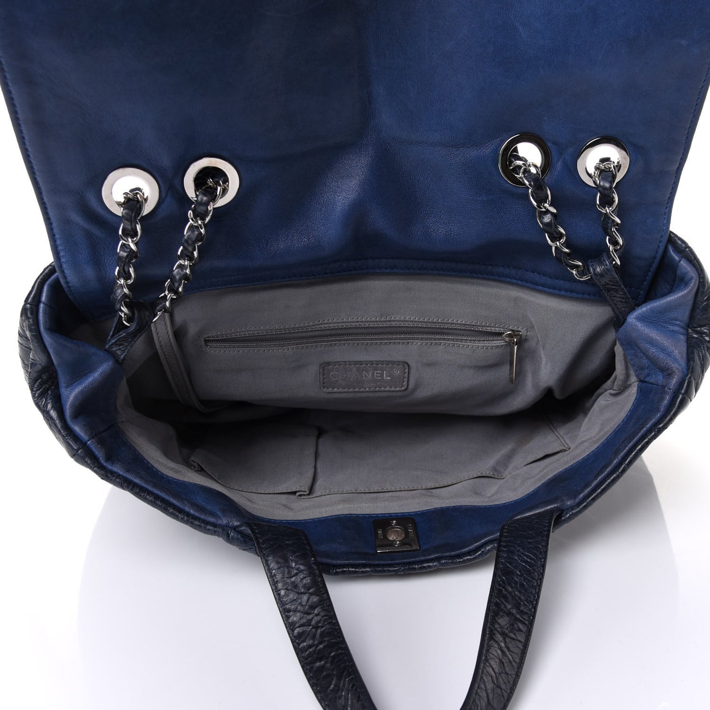 Glazed Calfskin Lambskin Quilted Portobello Tote Navy