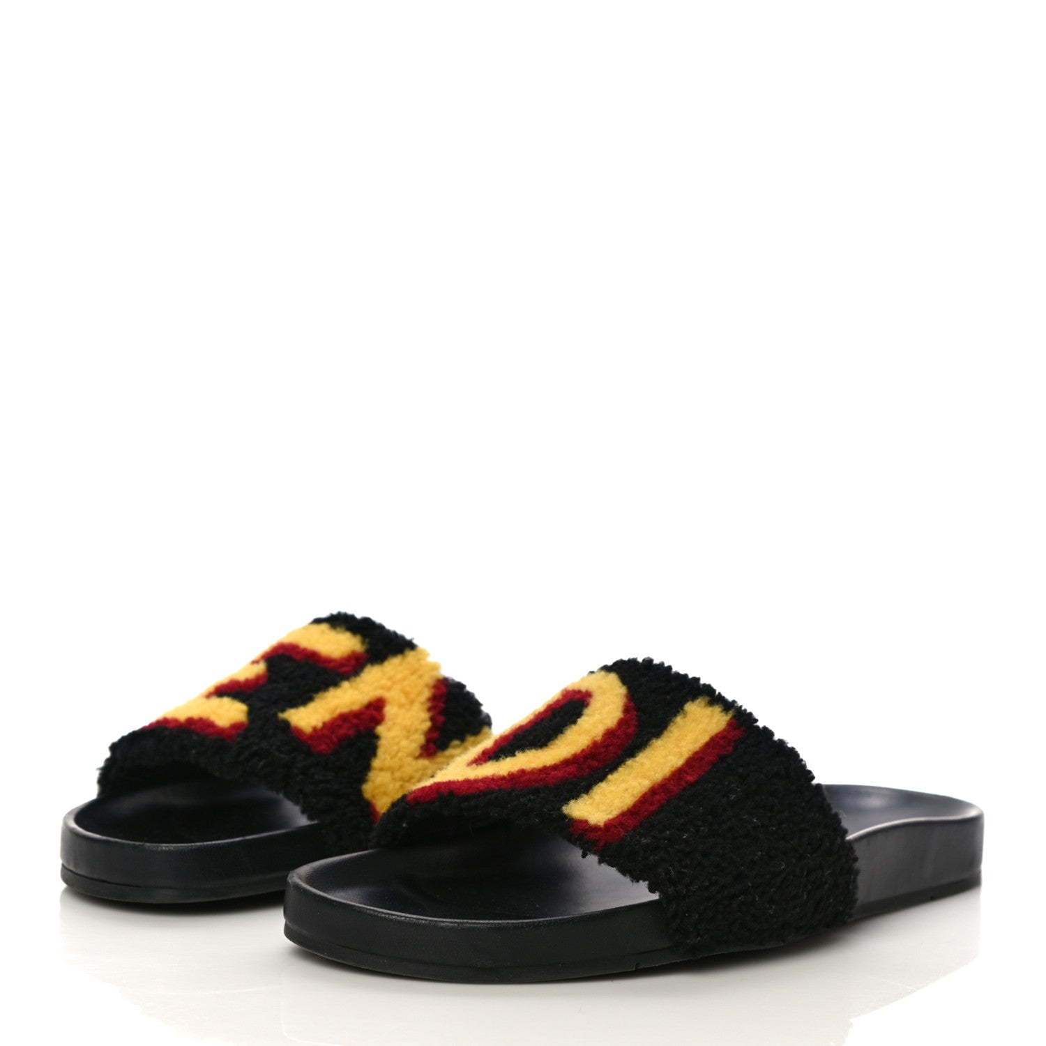 Fendi Shearling Logo Mens Slide Sandals 8.5 Black Giallo Ribes 3 of 12
