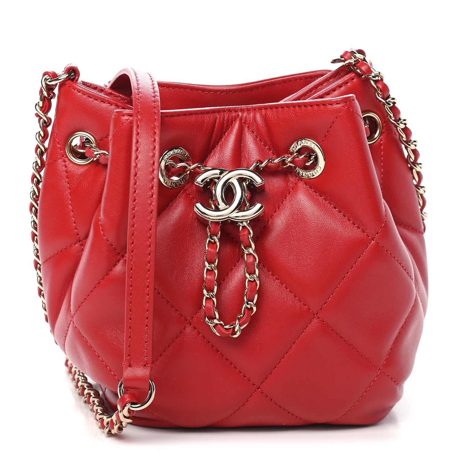 Chanel Lambskin Quilted CC Dweller Drawstring Bucket Bag Red 1 of 9