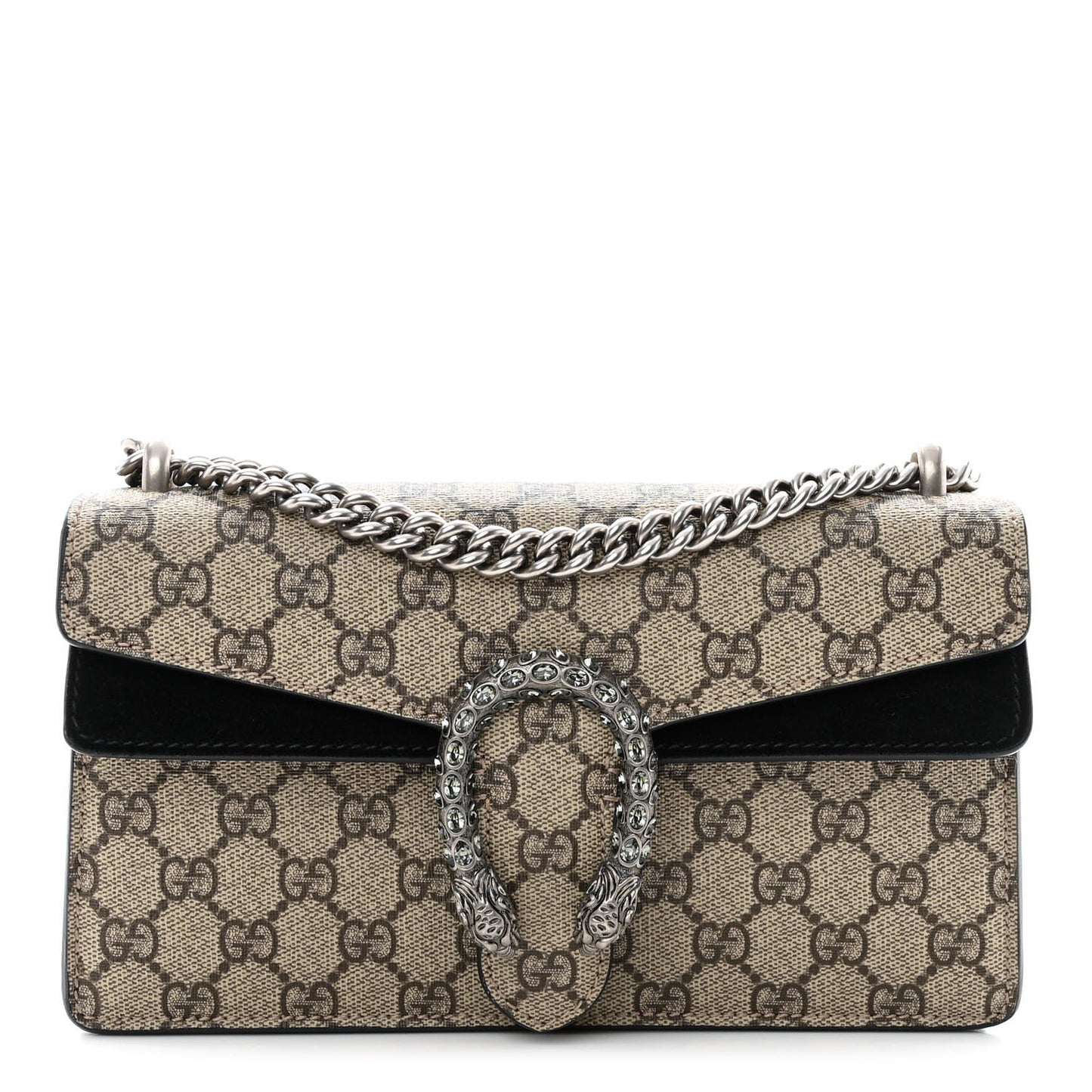 GG Supreme Monogram Suede Crystal Small Dionysus Shoulder Bag Beige Ebony Black