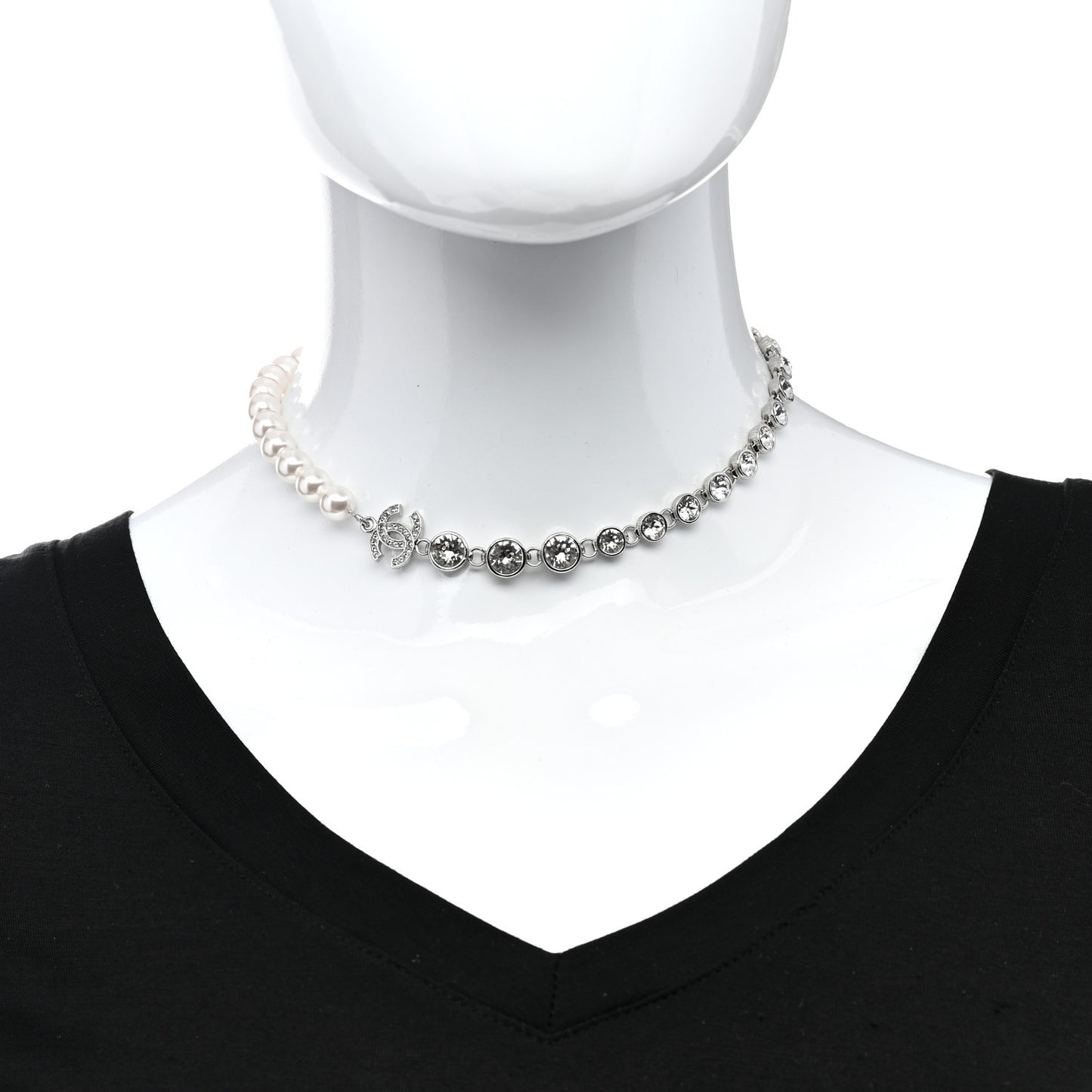 Pearl Crystal CC Choker Necklace Silver